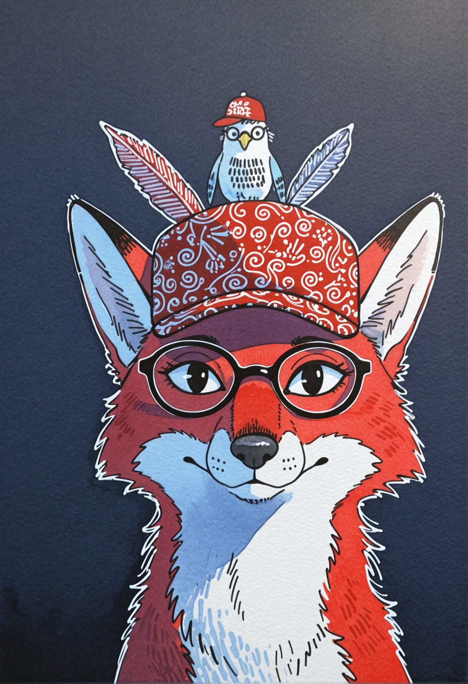 marge, fox, portrait, watercolor, dark, sidelighting, cute, feather, solo, looking_at_viewer, red_hat, glasses, doodle, (patterned:0.8), birds, masterpiece, best quality, good quality
