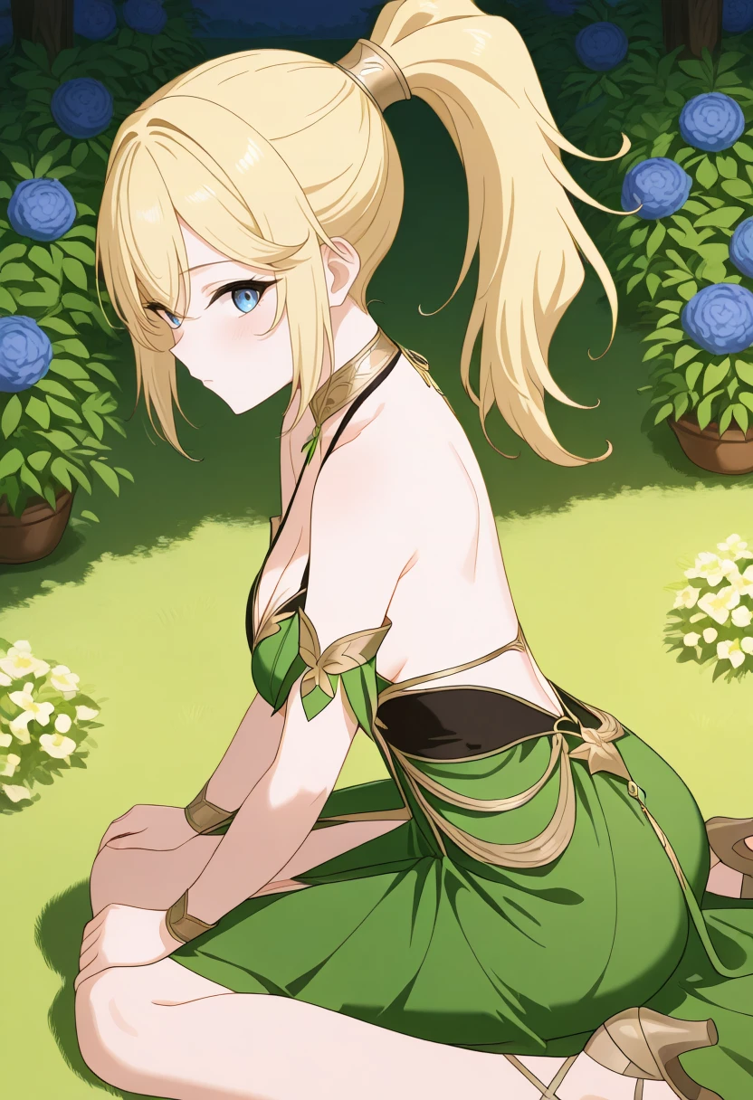 <lora:Lowellmina :1>,1girl,solo,blonde hair,long hair,ponytail,blue eyes,medium breast,cha18v1,1girl,fantasy,green dress,gold accents,leaf motif,deep cleavage,bare shoulders,halterneck,high-low hem,high front slit,open back,sandals,high heels,anime screencap,
(Character,),score_9,score_8_up,score_7_up,masterpiece,best quality,absurdres,perfect ,1girl,solo,wariza,sitting,hands on own knees,garden background,.,<lora:cha18v1-000010:1>,