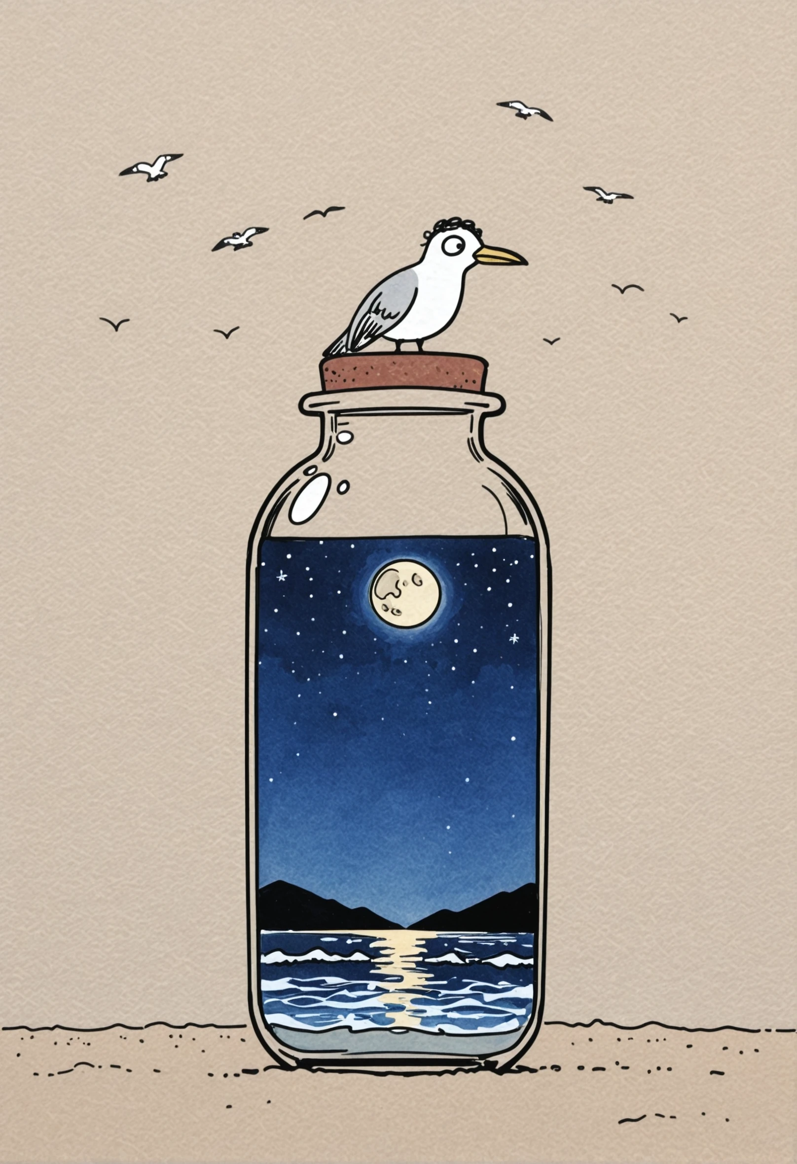 marge, watercolor, doodle, brown_background, textured background, clean line art, digital illustration of a bottle filled with a Normandy beach landscape, on a starry night with a full moon. The landscape is visible and perfectly clear through the glass, and blurred with a bokeh around the glass. a few seagulls are flying over the beach., masterpiece, best quality, good quality