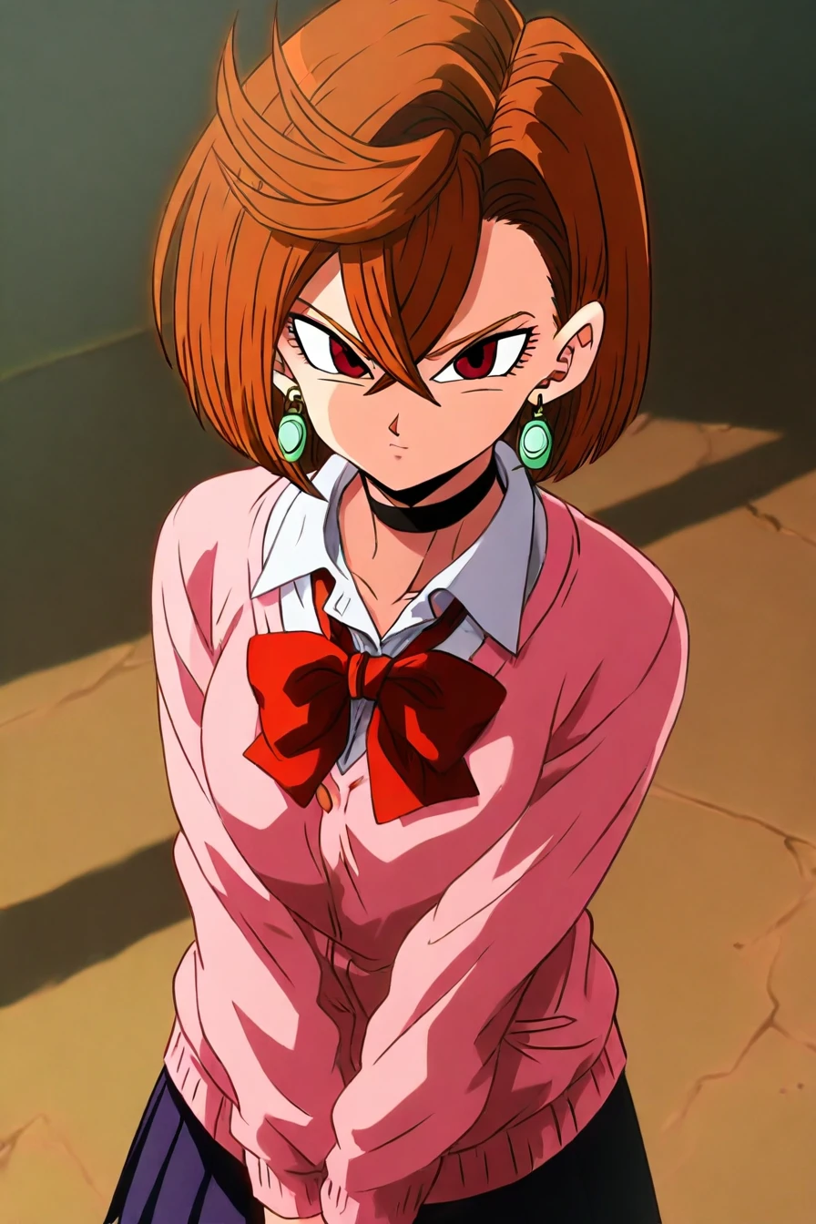 <lora:ayase_momo-koto-Illustrious v01:0.4> ayasemomo, hair between eyes, crossed bangs, green earrings, brown hair, red eyes, black choker, short hair, white shirt, red bowtie,pleated skirt,school uniform, pink cardigan, long sleeves, 1girl, solo, alone, <lora:dragon_ball_z_style_illustriousXL-000021:1>,dragon_ball_z_style, masterpiece, highres