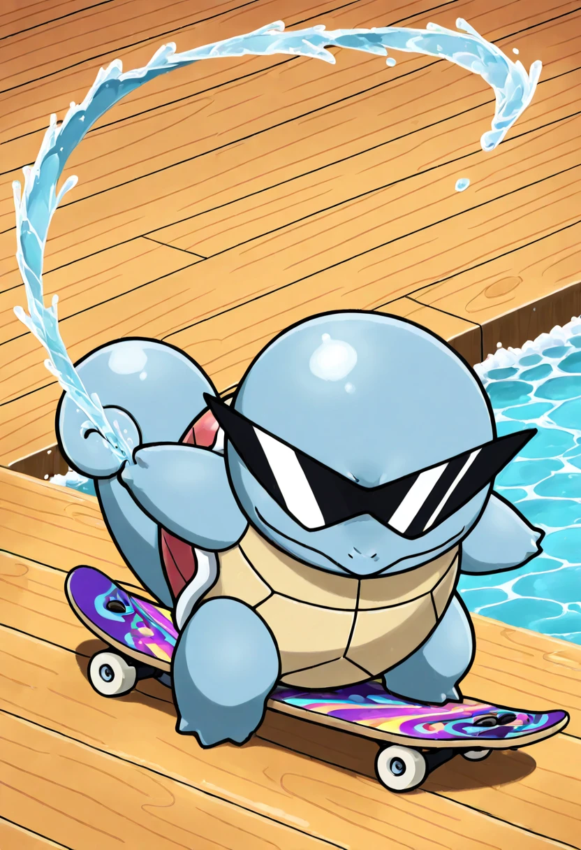 masterpiece, best quality, no humans, solo, SquirtleSwag, sunglasses, riding a skateboard across a wet boardwalk, trailing water in its wake, shades perfectly in place despite the speed. ,<lora:SquirtleSunglasses_IXL:1.0>,