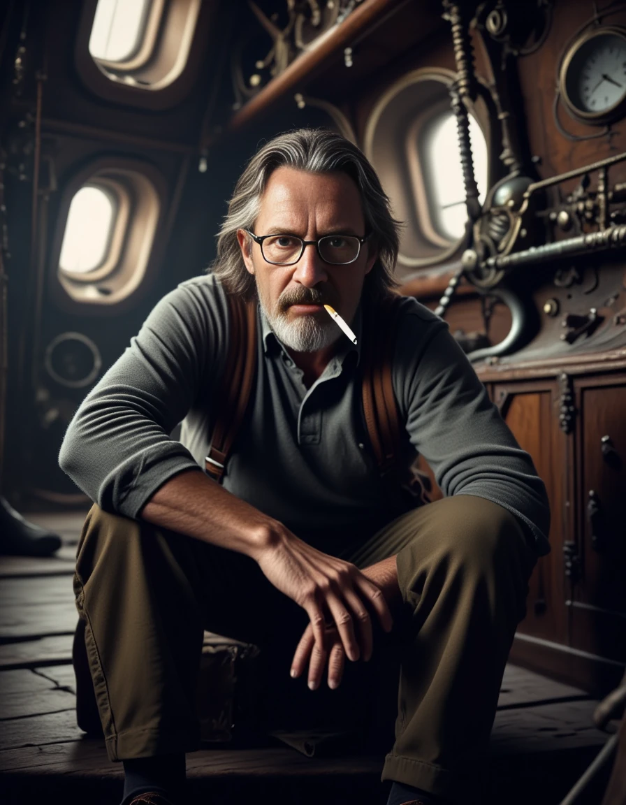 realistic photograph, slight side perspective, depth of field, portrait of a ruggedly handsome older middle aged man hand_on_knee andd crossed_legs, holding a cigarette between his lips, smoker, in a tense standoff with an alien fleet, the spaceship weapons systems ready for action, world-weary, looking directly at the viewer, 45 years old, average build, pale white skin, 6' tall, 180 pounds, right-handed, college educated software engineer and programmer, hazel eyes, thin metal framed tinted reading glasses with rectangle lenses, long brown hair with gray in it,full gray beard and moustache, long beard covering neck, loose hairstyle, no bangs, henley shirt, expressinggrief, planning, anticipating, deep thought behind kind eyes, feeling Upset and Upset, Worn out and Exhausted, background of a grand airship, with brass-bound railings, intricate gearwork, large propellers, luxurious cabins, beautiful and aesthetic background, highly detailed, professional photography, indirect natural lighting, additional overhead lighting, dark environment, heavy shadows <lora:Prog420_Avatar:0.8> <lora:Dever_Flux_Enhancer:0.8>âââ