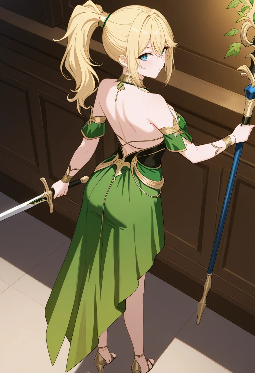 <lora:Lowellmina :1>,1girl,solo,blonde hair,long hair,ponytail,blue eyes,medium breast,cha18v1,1girl,fantasy,green dress,gold accents,leaf motif,deep cleavage,bare shoulders,halterneck,high-low hem,high front slit,open back,sandals,high heels,anime screencap,
(Character), score_9_up, score_8_up, score_7_up, (Anime_source),Masterpiece, holding sword, unsheathing, looking at viewer, spear, holding spear, BREAK heroic pose, expressionless calm,dynamic lighting, BREAK masterpiece, best quality, very aesthetic, absurdres, extremely detailed CG unity 8k wallpaper, Professional fashion illustration, stylish, beautiful, aesthetic, chromatic aberration, perfect composition, ultra detailed, fine texture, crisp detail, crisp edges, [photorealistic:thin-pasto:0.6], depth of field.,<lora:cha18v1-000010:1>,