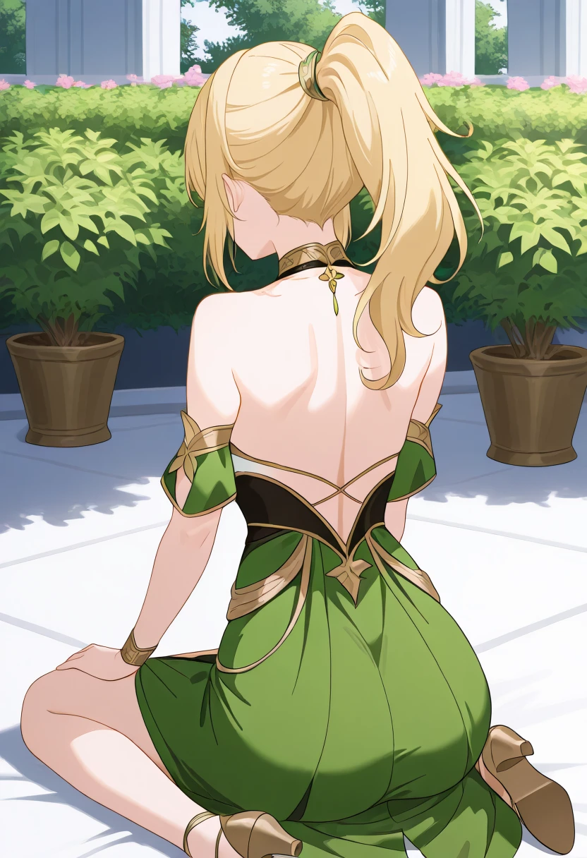 <lora:Lowellmina :1>,1girl,solo,blonde hair,long hair,ponytail,blue eyes,medium breast,cha18v1,1girl,fantasy,green dress,gold accents,leaf motif,deep cleavage,bare shoulders,halterneck,high-low hem,high front slit,open back,sandals,high heels,anime screencap,
(Character), score_9,score_8_up,score_7_up,masterpiece,best quality,absurdres,perfect ,1girl,solo,wariza,sitting,hands on own knees,garden background,.,<lora:cha18v1-000010:1>,