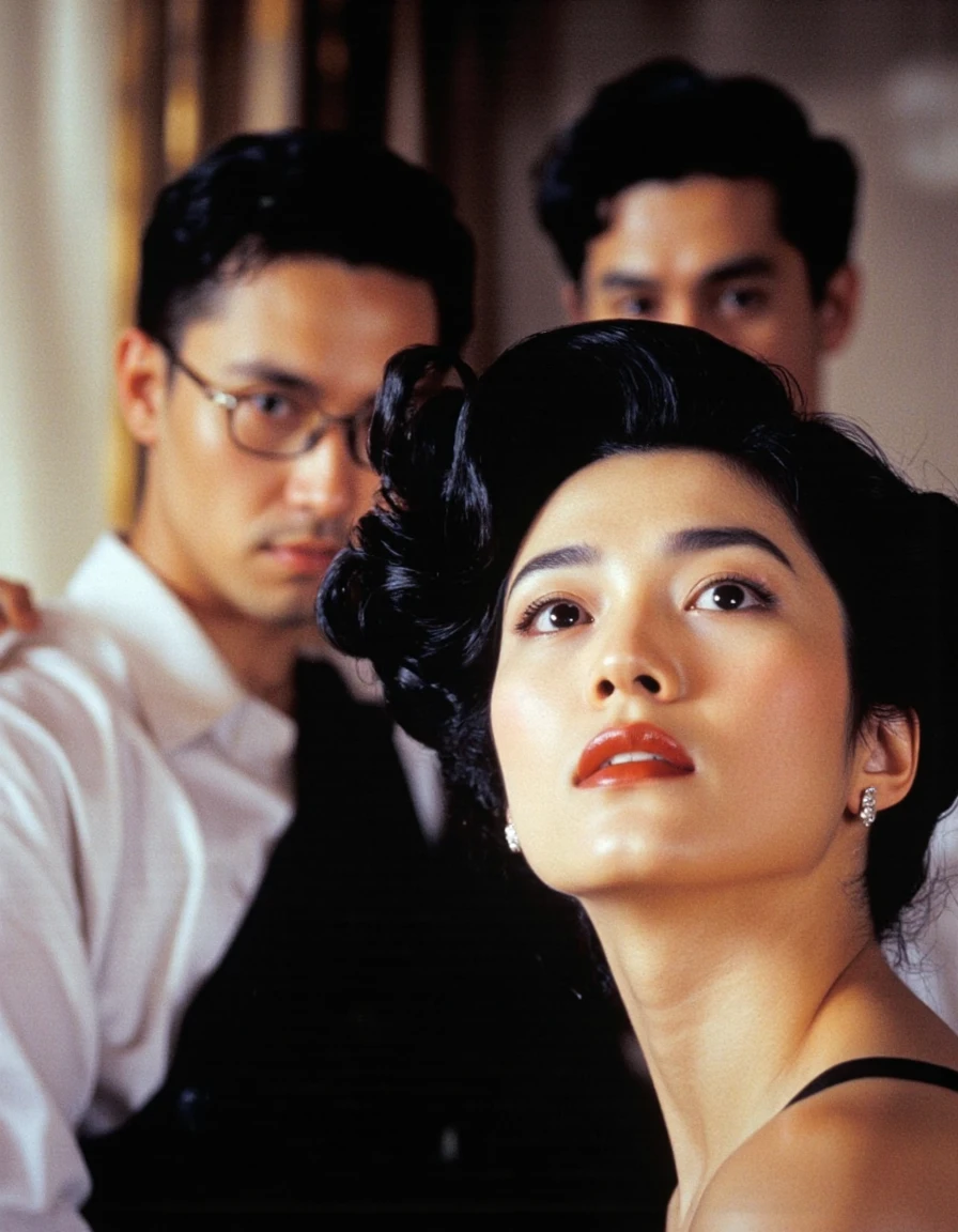 By Wong Kar-Wai. A photo-realistic portrait of a young woman with dark hair styled in an elegant updo, wearing a black dress and diamond earrings, looking up at a man in a white shirt. the woman is positioned on the right side of the image, with her upper body facing the viewer and her eyes looking up towards the man in the background. she appears to be in her late twenties or early thirties, with a slim body and delicate features. her black hair is styled in a classic updo with loose curls framing her face, and she has a subtle makeup look with dark eyeliner and mascara. her lips are painted with a glossy red lipstick, and her face is adorned with subtle eyeliner. the man is standing in front of her, with his back to the camera, but his face is not visible. the background is blurred, but the lighting is soft and warm, creating a dramatic effect on the woman's face and clothing. the image has a sophisticated and elegant feel to it, with the focus being selectively placed on the two figures in the foreground and the background being slightly out of focus.