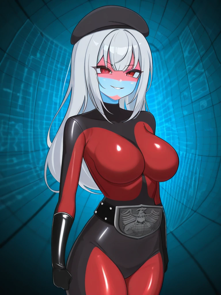 masterpiece,best quality,amazing quality, long silver hair, sharp gaze, confident smile, standing in a dimly lit, futuristic evil lair, holographic maps in background, dramatic lighting, serious, powerful, villainess, evil smile large breasts, red eyes, latex elbow gloves, colored skin, blue skin, shocker belt, red shocker, red shocker bodysuit, beret