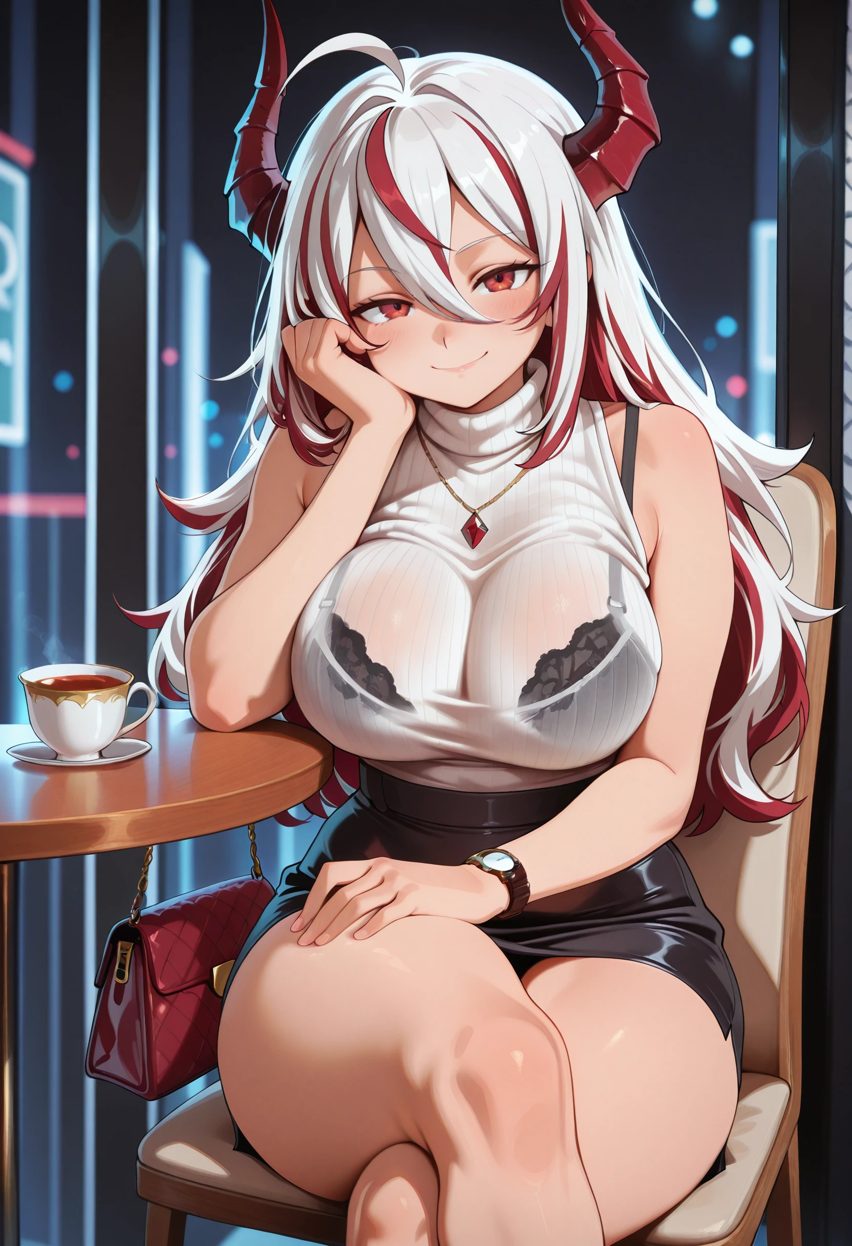 White haired woman with ruby red eyes, wearing elegant clothes, drinking milk and eating steak at a bar, anime art ,Make her clothes more covered to be polite