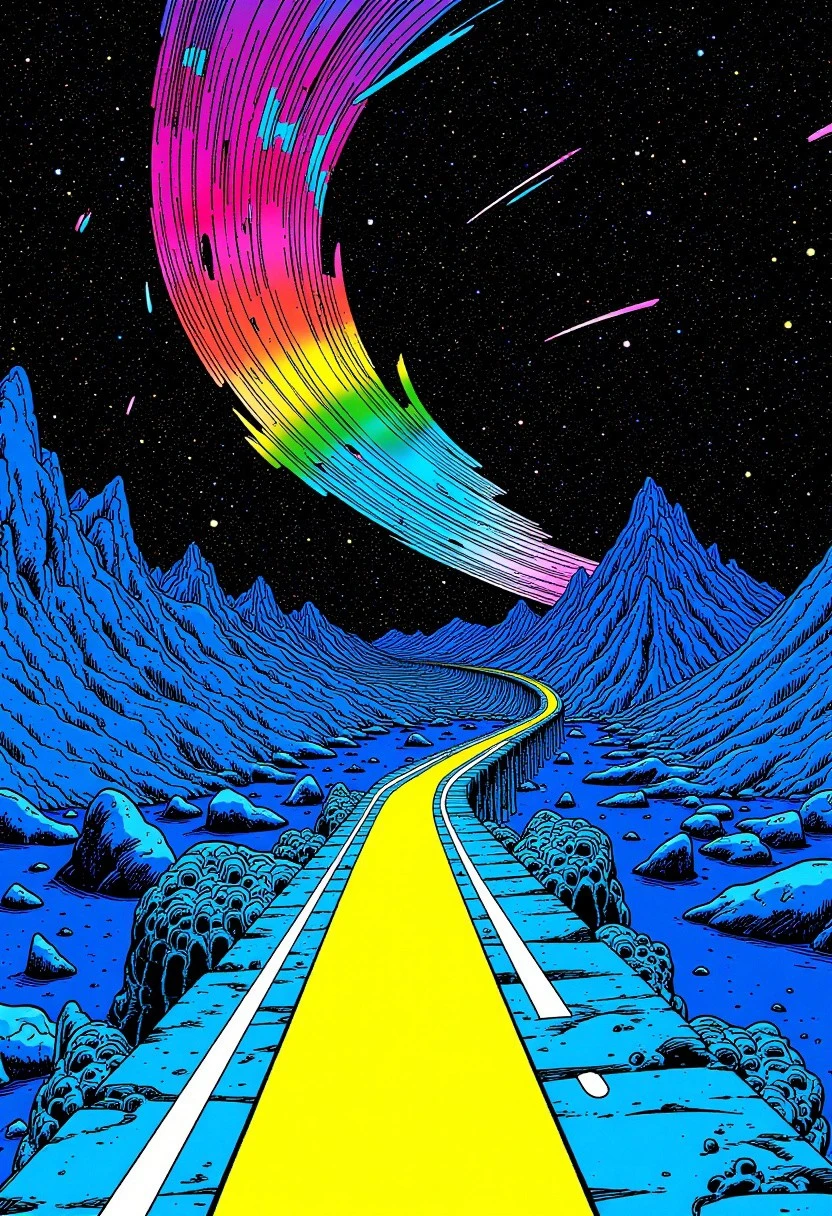 A highly-detailed comic book graphic illustration, with intricate comic ink line work. A glowing road snakes through dark electric-blue mountains, under a sky of swirling rainbow auroras and meteor trails. The palette is pure neon—cyan, magenta, yellow. Vibrant, trippy, and explosive with stylized motion. Comic book style; flat-colored concept art, bold and striking, inspired by the styles of Alex Grey, Moebius (Jean Giraud), Geoff Darrow, Edgar P. Jacobs, Enki Bilal, Brandon Graham, and Linnea Sterte. Comic book ligne Claire style cel-shading, stylized flat-colored concept art, inspired by the styles of Alex Grey, Moebius (Jean Giraud), Philippe Druillet, Edgar P. Jacobs, Enki Bilal, Brandon Graham, and Linnea Sterte.
