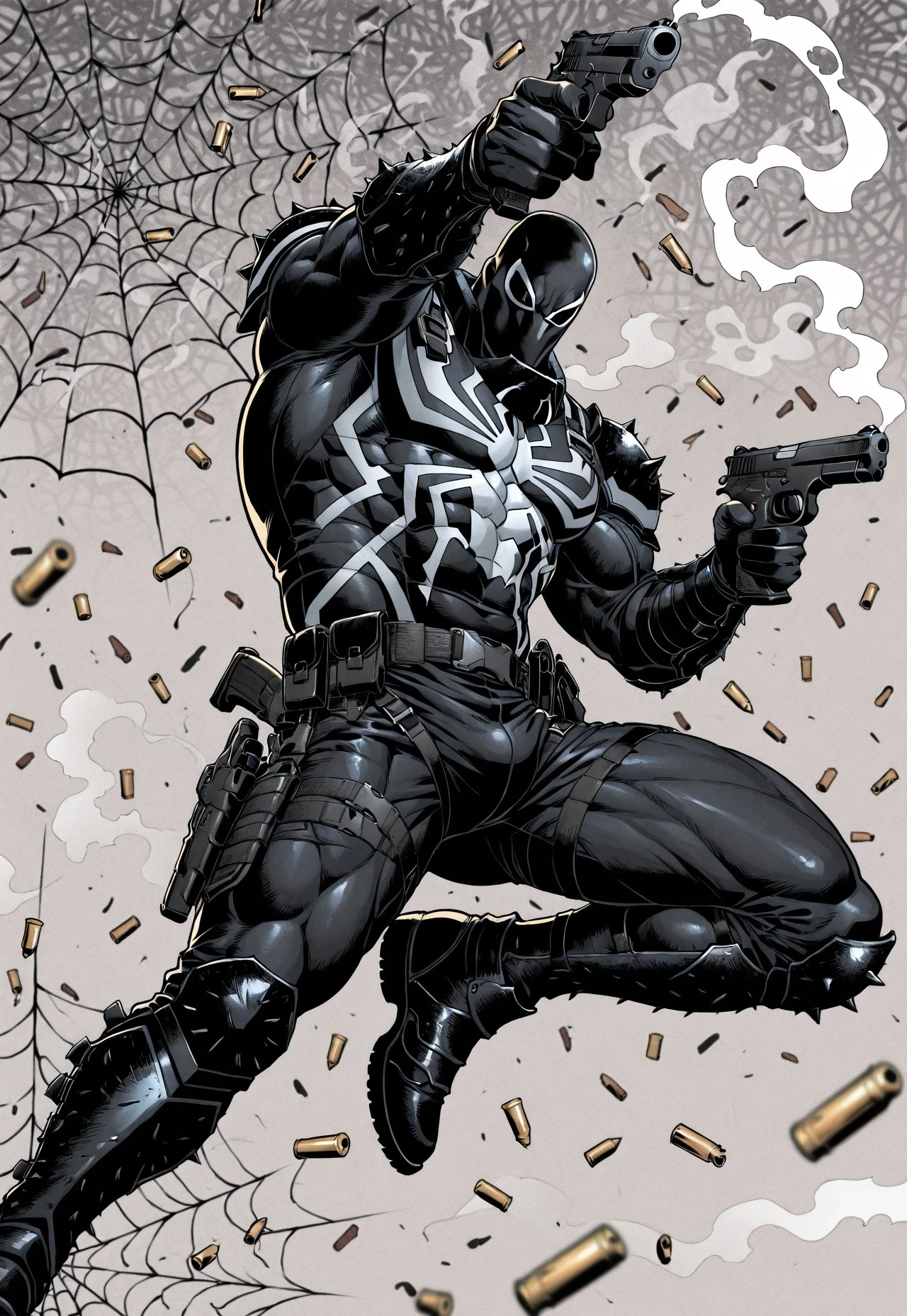 masterpiece, high quality, film grain, high resolution, newest, depth of field, bara, yaoi, very aesthetic, absurdres, newest, solo, male focus, 1boy, muscular male, ag3ntv, black mask, black and white bodysuit, black shoulder plate, spiked shoulder plate, black vambrace, spiked vambrace, black boots, spiked boots, tactical gear, tactical belt, dual wielding, pistol, bullet projectile, shell casing, steam, (black spider web background), abstract background, dutch angle, dynamic pose, action shot