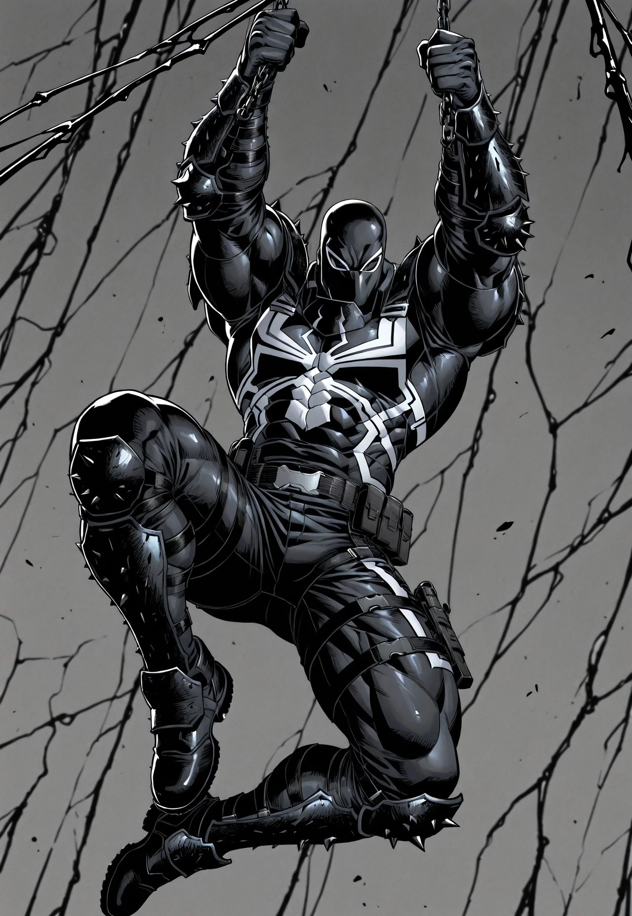 masterpiece, high quality, film grain, high resolution, newest, depth of field, bara, yaoi, very aesthetic, absurdres, newest, solo, male focus, 1boy, muscular male, ag3ntv, black mask, black and white bodysuit, black shoulder plate, spiked shoulder plate, black vambrace, spiked vambrace, black boots, spiked boots, tactical gear, tactical belt, hanging on web, swinging, black web background, abstract background, dutch angle, dynamic pose, action shot