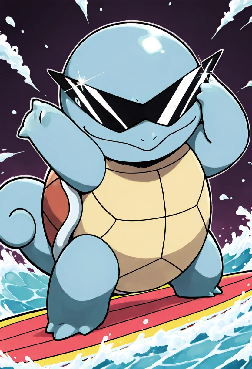 masterpiece, best quality, no humans, solo, SquirtleSwag, sunglasses, posing on top of a surfboard mid-trick, one arm raised as waves crash behind, glint of mischief in its mirrored lenses. ,<lora:SquirtleSunglasses_IXL:1.0>,