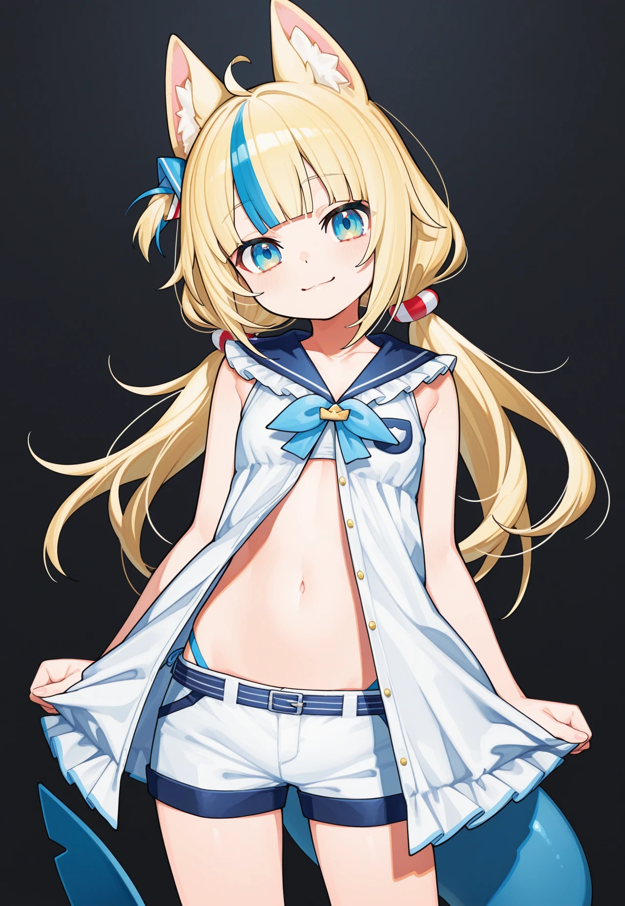 artist:mika pikazo:0.65, artist:tianliang duohe fangdongye:0.65, mature female,
1girl, sameko saba, multicolored hair, animal ears, bow, blunt bangs, low twintails, smile, looking at viewer, hair ornament, blue sailor collar, shark tail, ahoge, open dress, swinsuit, navel, shorts, sleeveless, white dress, standig, cowboy shot, black background,
masterpiece, amazing quality, very aesthetic, 2d illustration, absurdres, <lora:sameko_saba:1>