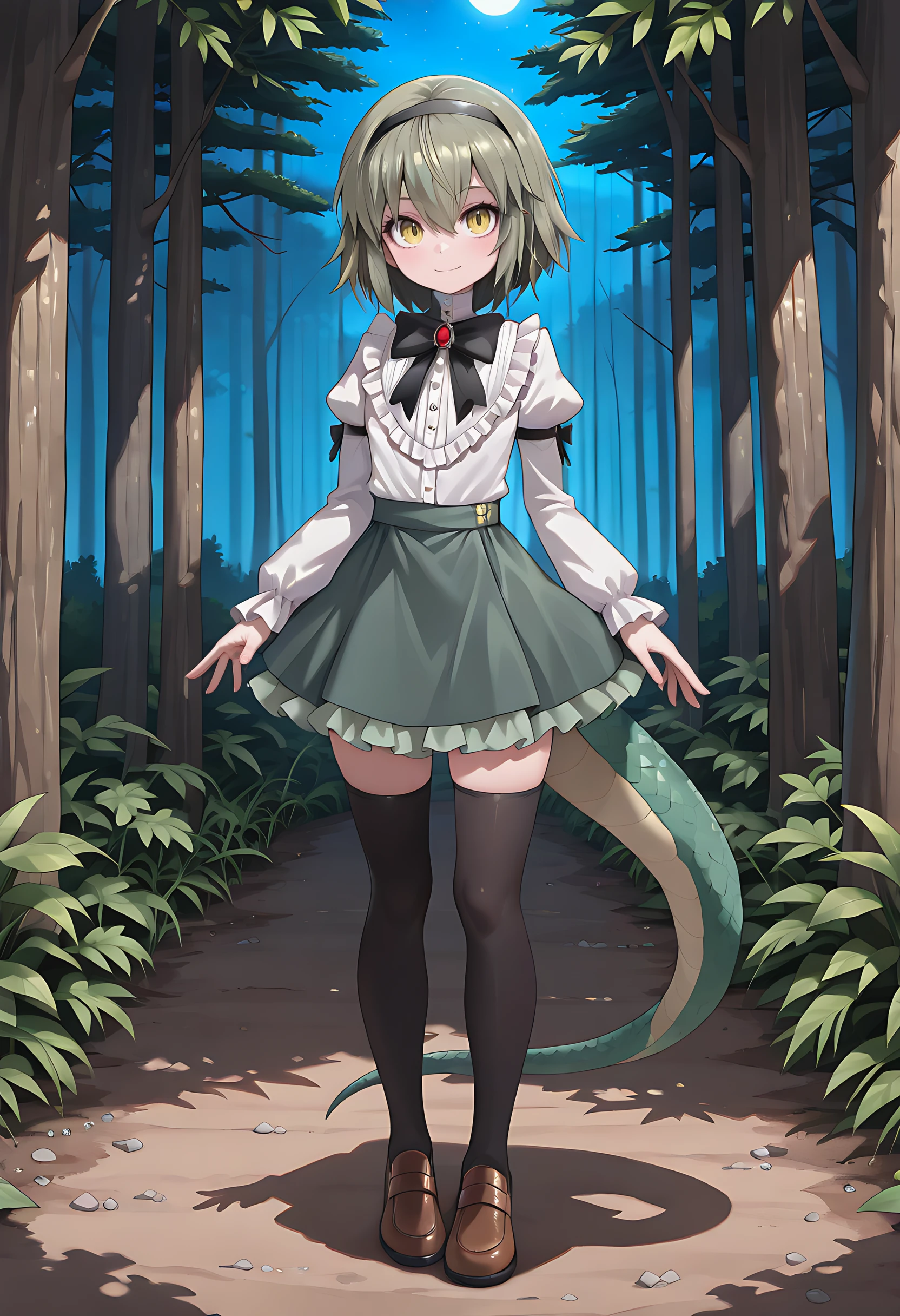 billbsouls, lizard tail, 1boy, solo, long sleeves, shirt, puffy sleeves, bow, hairband, green skirt, smile, shoes, frills, looking at viewer, juliet sleeves, brooch, bowtie, black thighhighs, black bow, brown footwear, forest, night, standing, portrait, BREAK ((ultra-detailed)), ((best quality)), ((beautiful eyes)), ((extremely detailed)), 4K, (8K), best quality, (beautiful), Master piece, highres, best quality, official art, highres, masterpiece, detailed background, high quality background