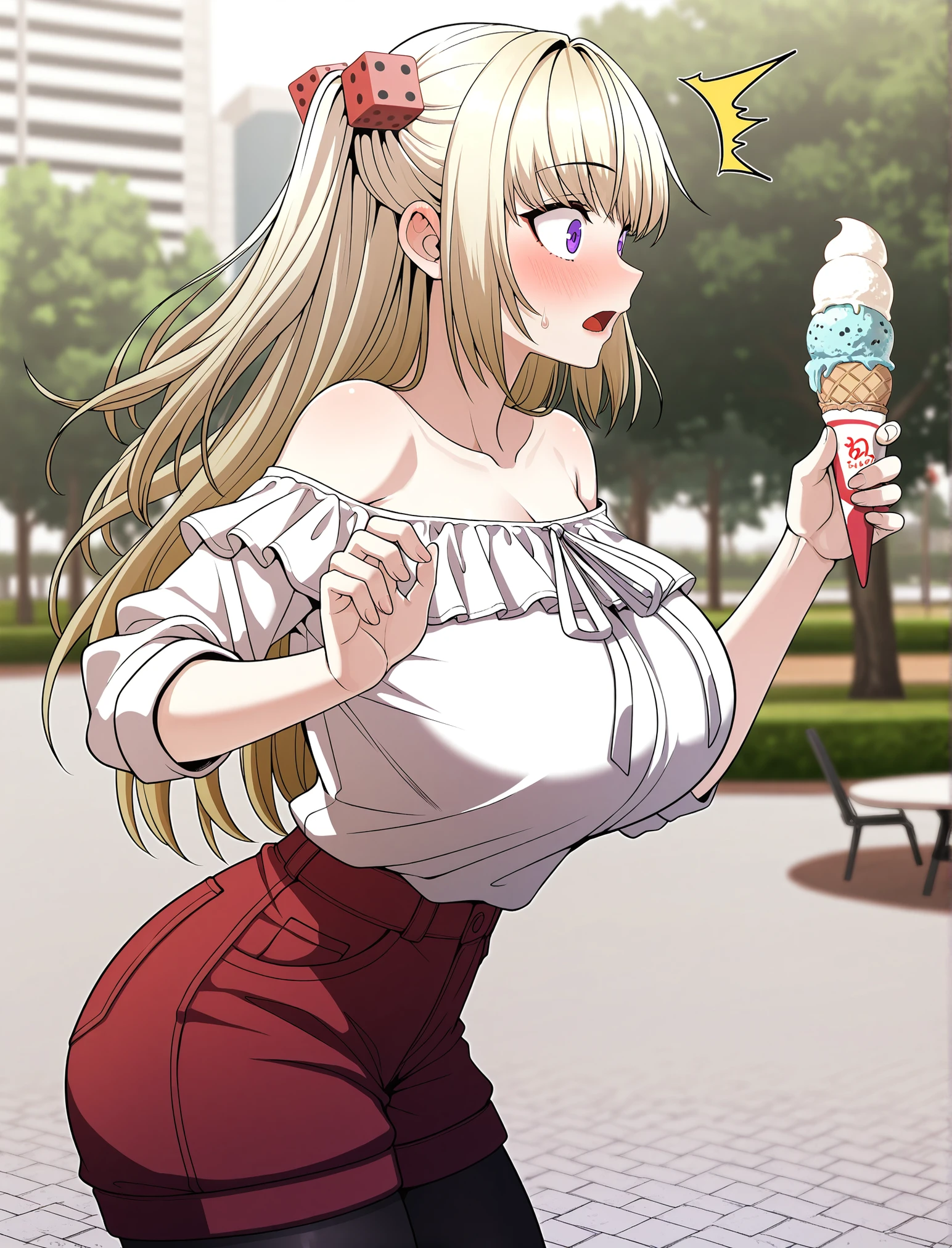 Cynthia, solo, 1girl, masterpiece: 1.2, smile, hair_over_one_eye, topless: 1.3, medium_breasts, full body, standing, in a park, casual wear, tight clothes, sweatpants, with ice cream in hand, black blouse, pregnant, holding ice cream with right hand, her left hand goes under her belly, V-neck blouse, Wide neckline.