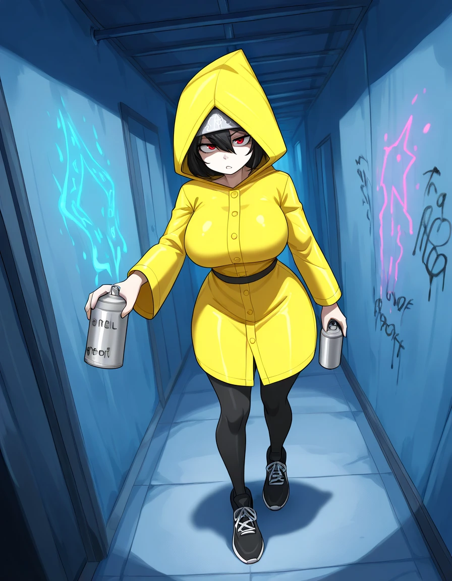 yellow raincoat in an abandoned warehouse filled with large, blank concrete walls, she stands poised, spray can in hand. She wears casual streetwear, her metallic ninja headband remains a constant., BREAK, Vibrant colors cover the walls around her as she creates intricate graffiti of cosmic art and glowing runes. Her outfit is tipped with paint, and she has a look of pure concentration. Paint cans, some still spraying, lie scattered around, giving the scene a chaotic, creative energy. BREAK, ,  <lora:LLN_Six:1>, lln-s1x, BREAK, [[masterpiece, amazing quality, highly quality, highres, absurdres, high quality, best quality, absurdres, intricate detail + accurate details, masterful composition, dynamic angle, detailed background, perfect face, fine facial detail]], (detailed background:1.2),