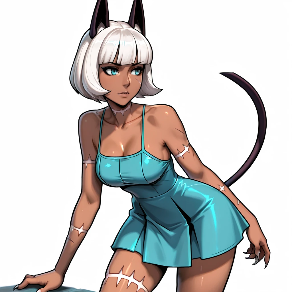 <lora:MsFortune_illustrious_v1:.7>MsFortune, 1girl, cat tail, animal ears, dark skin, bob cut, dark-skinned female, white hair, short hair, blue eyes, sharp toenails, claws, medium breasts, scar, cowboy shot, <lora:Sexy_simple_dress:0.81> sesidr, short dress, spaghetti strap