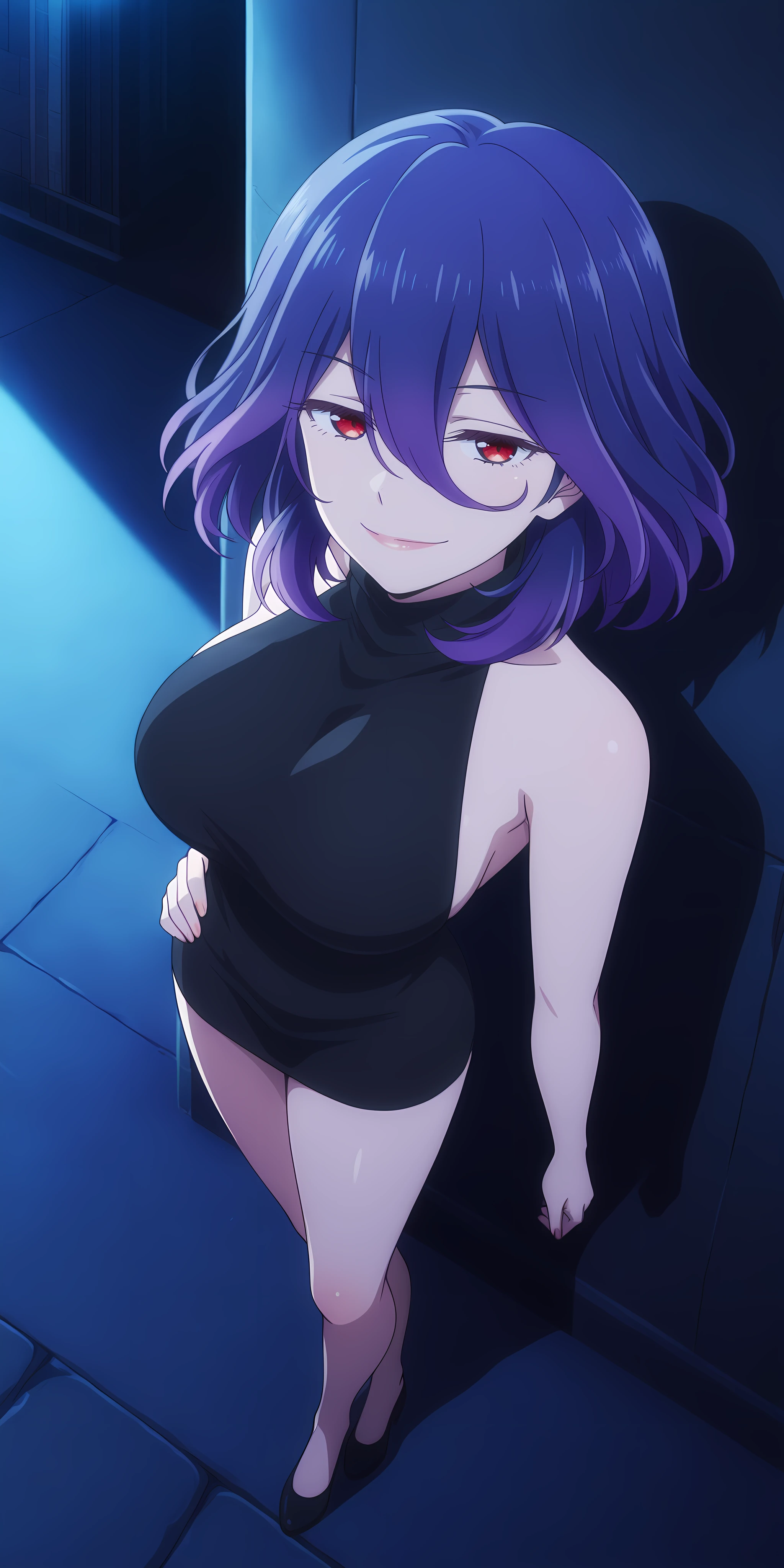 tall body, tall, long legs, mature female, mature, adult, simple background eft_vermeil, 1girl, solo, breasts, purple hair, black dress, red eyes, large breasts, medium hair, looking at viewer,, hair between eyes, short hair, blue hair, multicolored hair, gown, 1girl, breasts, jewelry,, pink dress, side ponytail, necklace, solo, hair ornament, cleavage, sidelocks, bare shoulders, cloudy night, earrings, revealing clothes, bangs, hairclip, looking at viewer, large breasts, thighs, simple background, bracelet, no panties, purple eyes, cowboy shot, parted lips, squatting, halterneck, (at an ice hotel:1.2)
