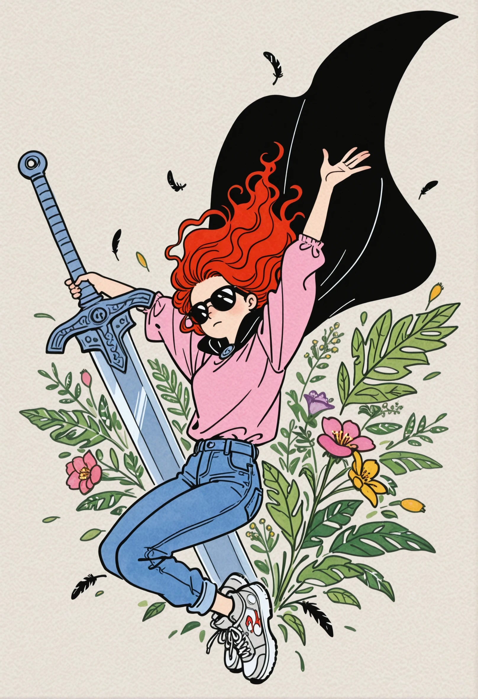 marge, watercolor, clean line art, complementary colors, dark, textured background, flowers, leaves, feathers, incredibly absurdres, highres, 7481llu, redhead swinging a great sword, black cape, pink tshirt, jeans, sunglasses, long Wavy hair, sneakers, style of Jim Mahfood, illustration, masterpiece, jumping, dynamic framing, style of Petros Afshar,, masterpiece, best quality, good quality