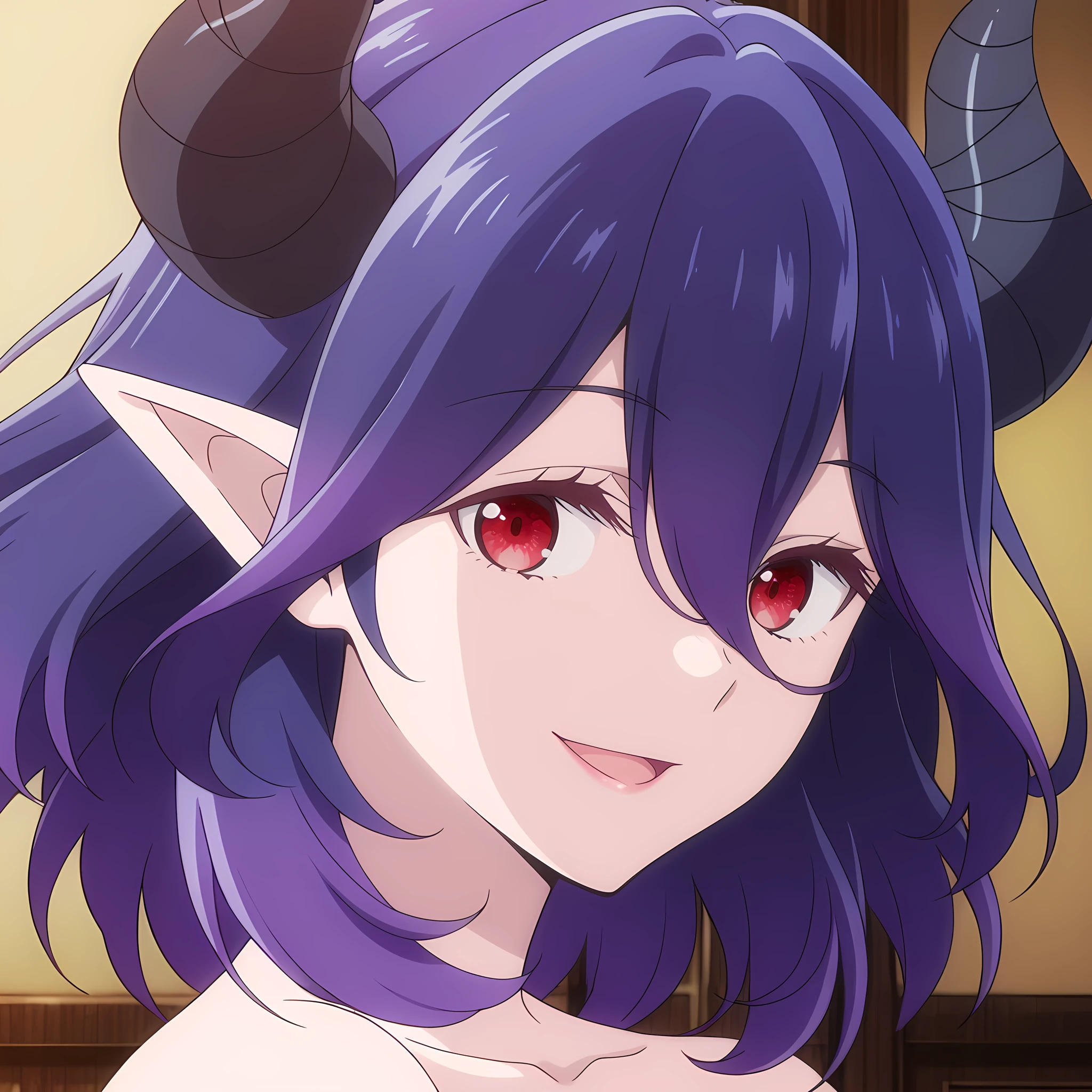 vermeil_ilxl, 1girl, horns, solo, red eyes, pointy ears, anime coloring, looking at viewer, purple hair, open mouth, smile, hair between eyes, bare shoulders, collarbone, indoors, portrait, :d, demon horns, medium hair
<lora:XL-Vermeil-ILXL:1>, (masterpiece),(best quality),(ultra-detailed),(best illustration),(best shadow),(absurdres),(detailed background),(very aesthetic),