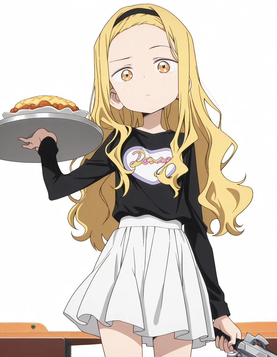 masterpiece, best quality, amazing quality,, <lora:marina-kirarazaka-alpha-illustriousxl-lora-nochekaiser:1>, marina kirarazaka, long hair, blonde hair, yellow eyes, hairband, wavy hair, black hairband, anime screencap, shirt, skirt, long sleeves, black shirt, white skirt,, <lora:dynamic-pose-illustriousxl-lora-nochekaiser:1>, dynamic pose, holding weapon, weapon, holding, cowboy shot, cafeteria, tables, food_trays, chairs, line, cowboy shot, solo, looking at viewer, <lora:transparent-background-illustriousxl-lora-nochekaiser:1>, transparent background, simple background, white background
