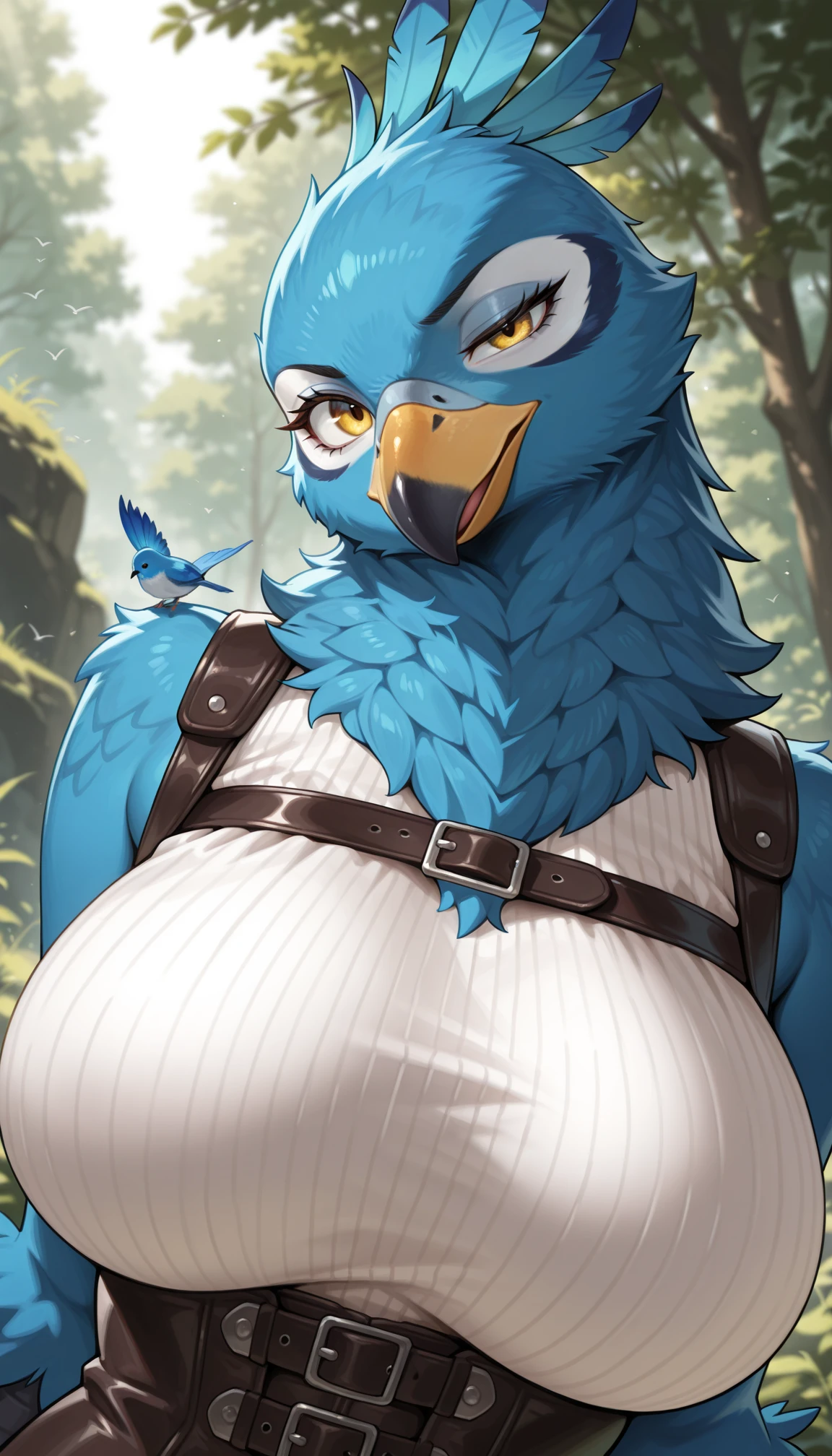 masterpiece, best quality, amazing quality, very aesthetic, 4k, high resolution, ultra-detailed, absurdres, newest, scenery, beak, 1girl, solo, bird girl, avian, clothed, yellow eyes, huge breasts, white ribbed sleeveless sweater, leather underbust, chest belt, blue fur, (body feather, body fur, bodyfur:1.2), feathers, blue bird, blue feather, upper body, beaks apart, uneven eyes, eyelashes, dutch angle, head tilt, BREAK, depth of field, detailed feather, photorealistic details, volumetric lighting