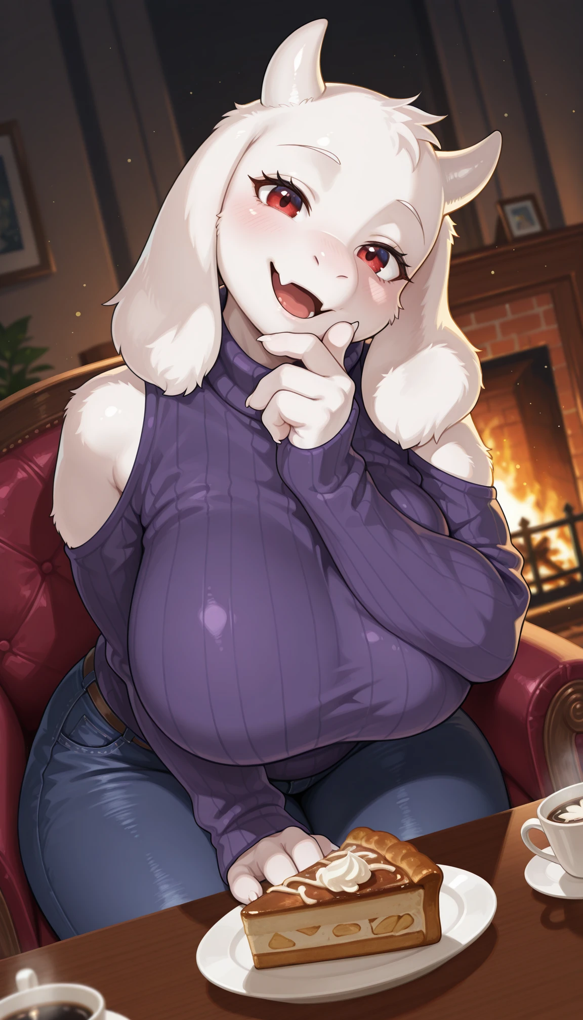 masterpiece, best quality, amazing quality, very aesthetic, 4k, high resolution, ultra-detailed, absurdres, newest, scenery, 1girl, furry, anthro, toriel, solo, curvy, white goat milf, (milf:1.2), massive breasts, wide hips, thick thighs, large butt, skindentation simple purple turtleneck sweater sleeves past wrists, shoulder cutout, jeans, sitting on leather armchair, shiny red eyes, looking at viewer, a triangle slice of butterscotch cinnamon pie on plate on table, hot coffee on table, hand on lap, hand on own chin, leaning forward, twisty pose, head tilt, smile, open mouth, dutch angle, face focus, close-up, livingroom, dark, fireplace, rim light, backlit, shadow, BREAK, (4 fingers on each hands:1.2), eyes, detailed eyes, depth of field, bokeh, detailed fluffy fur, photorealistic details, volumetric lighting
