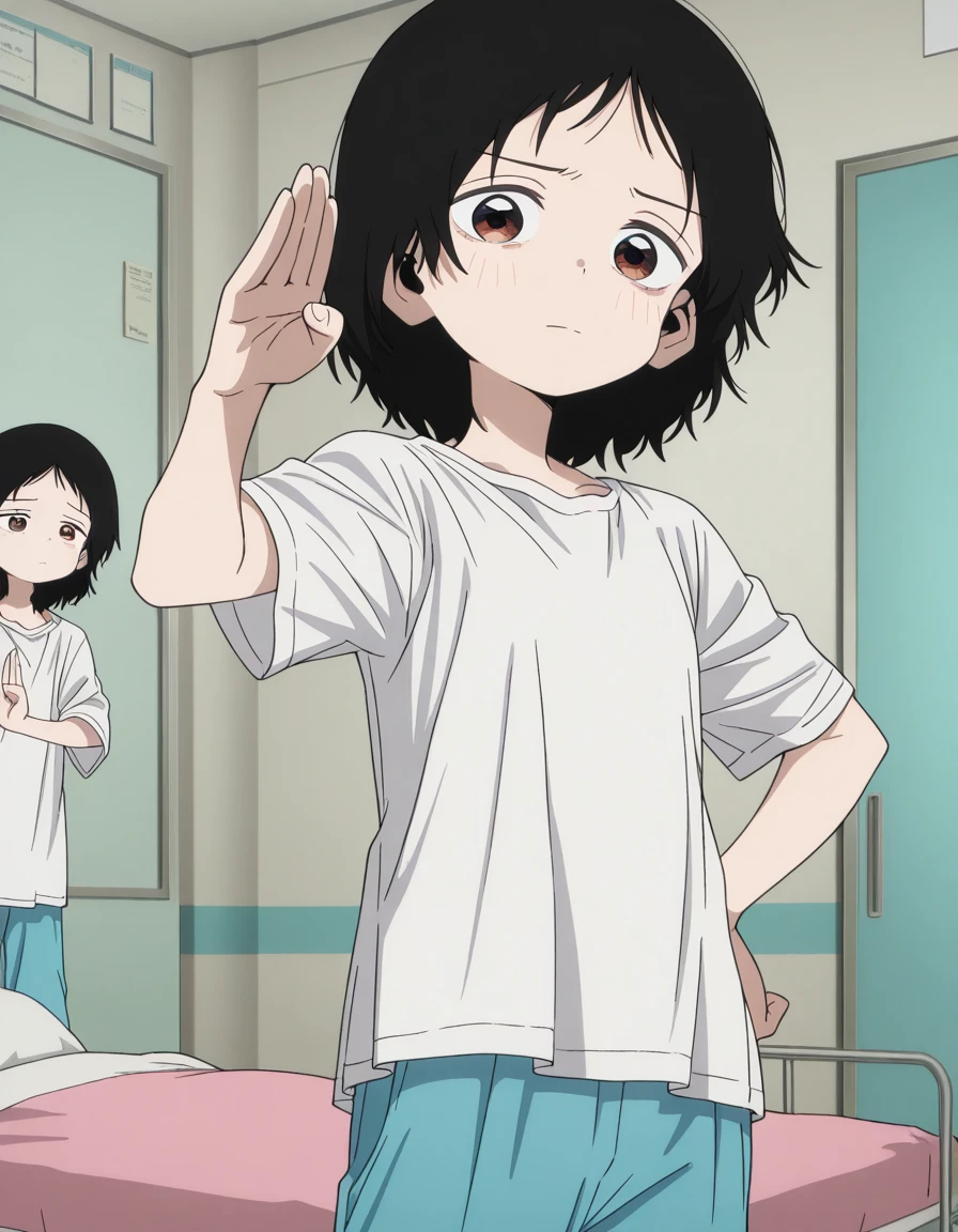 masterpiece, best quality, amazing quality,, <lora:shizuka-kuze-alpha-illustriousxl-lora-nochekaiser:1>, shizuka kuze, short hair, black hair, brown eyes, anime screencap, shirt, white shirt, pants, blue pants, <lora:kung-fu-illustriousxl-lora-nochekaiser:1>, kung fu, martial arts, training, fighting stance, cowboy shot, hand on own hips, hospital room, bedside, get well flowers, comforting, quiet, cowboy shot, solo, looking at viewer,