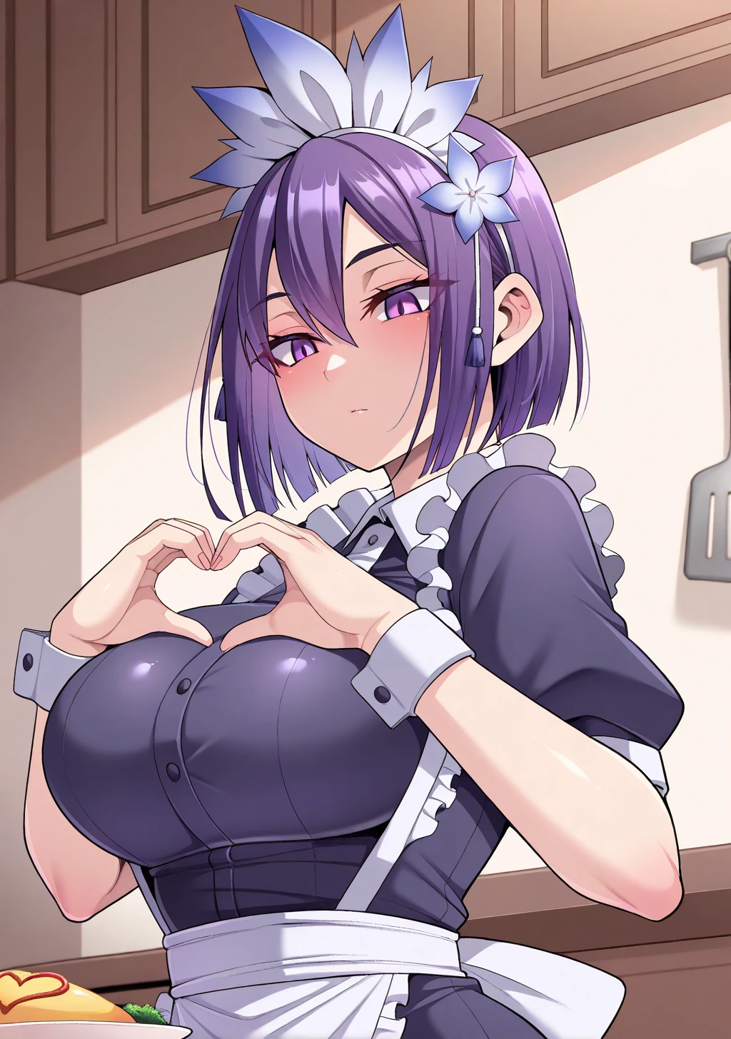 masterpiece, best quality, absurdres, perfect lighting,shiny skin,<lora:nishida_megane_illu2:0.8>,nishida megane,,1girl,amane, purple eyes, purple hair, short hair,bangs, hair ornament,hair flower,<lora:amane:1>,maid apron, maid headdress,omurice,food, heart hands,heart effects, looking down,looking back,expressionless,kitchen,