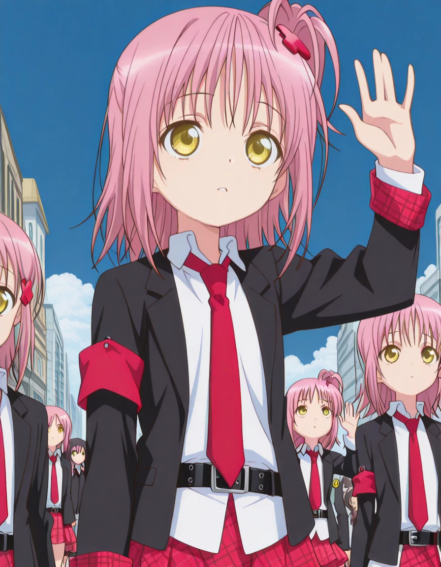 masterpiece, best quality, amazing quality,, <lora:amu-hinamori-s3-illustriousxl-lora-nochekaiser:1>, amu hinamori, short hair, hair ornament, yellow eyes, pink hair, x hair ornament, one side up, side ponytail, anime screencap, skirt, jacket, necktie, belt, plaid, plaid skirt, armband, black blazer, white collared shirt, red necktie,, <lora:panatang-makabayan-illustriousxl-lora-nochekaiser:1>, panatang makabayan, looking up, expressionless, cowboy shot, parted lips, hand up, waving, solo, outdoors, blue sky, clouds, street, cars, buildings, city, people, cowboy shot, solo, looking at viewer, <lora:transparent-background-illustriousxl-lora-nochekaiser:1>, transparent background, simple background, white background