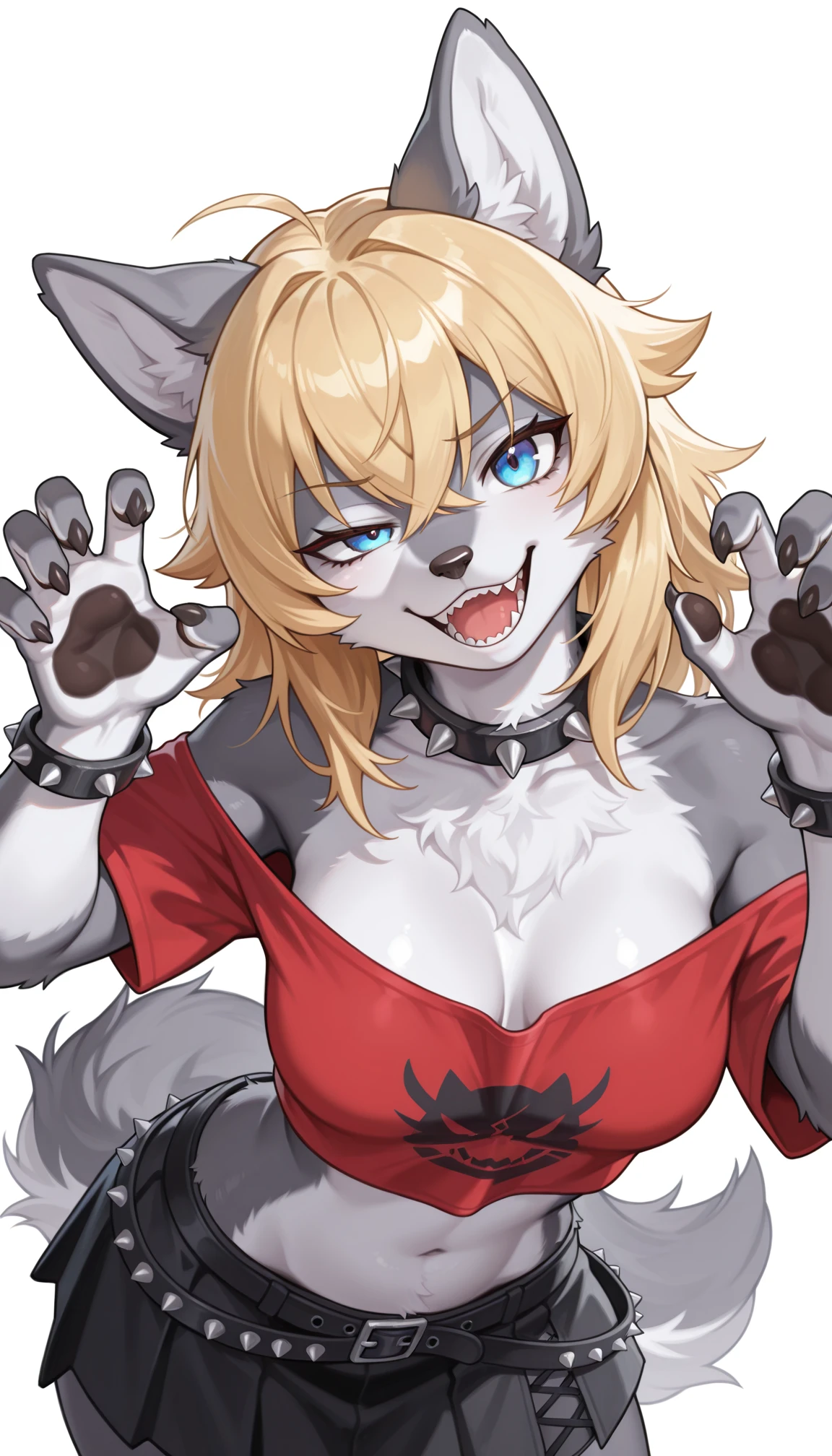 masterpiece, best quality, amazing quality, very aesthetic, 4k, high resolution, ultra-detailed, absurdres, newest, scenery, 1girl, furry, anthro, solo, wolf girl, gray wolf, gray fur, medium breasts, thick thighs, medium hair, blonde hair, crossed bangs, messy hair, hair flaps, blue eyes, uneven eyes, tsurime, smug, open mouth, sharp teeth, loose crop-top off-shoulder red shirt, navel, lowleg black skirt, spiky collar, punk bracelets, spiky crossed belts, paws, claws, fluffy tail, from above, dutch angle, fisheye, contrapposto, legs apart, head tilt, hip tilt, twisted torso, leaning forward, w arms, claw pose, portrait, upper body, close-up, face focus, white background, BREAK, detailed fluffy fur, photorealistic details, volumetric lighting
