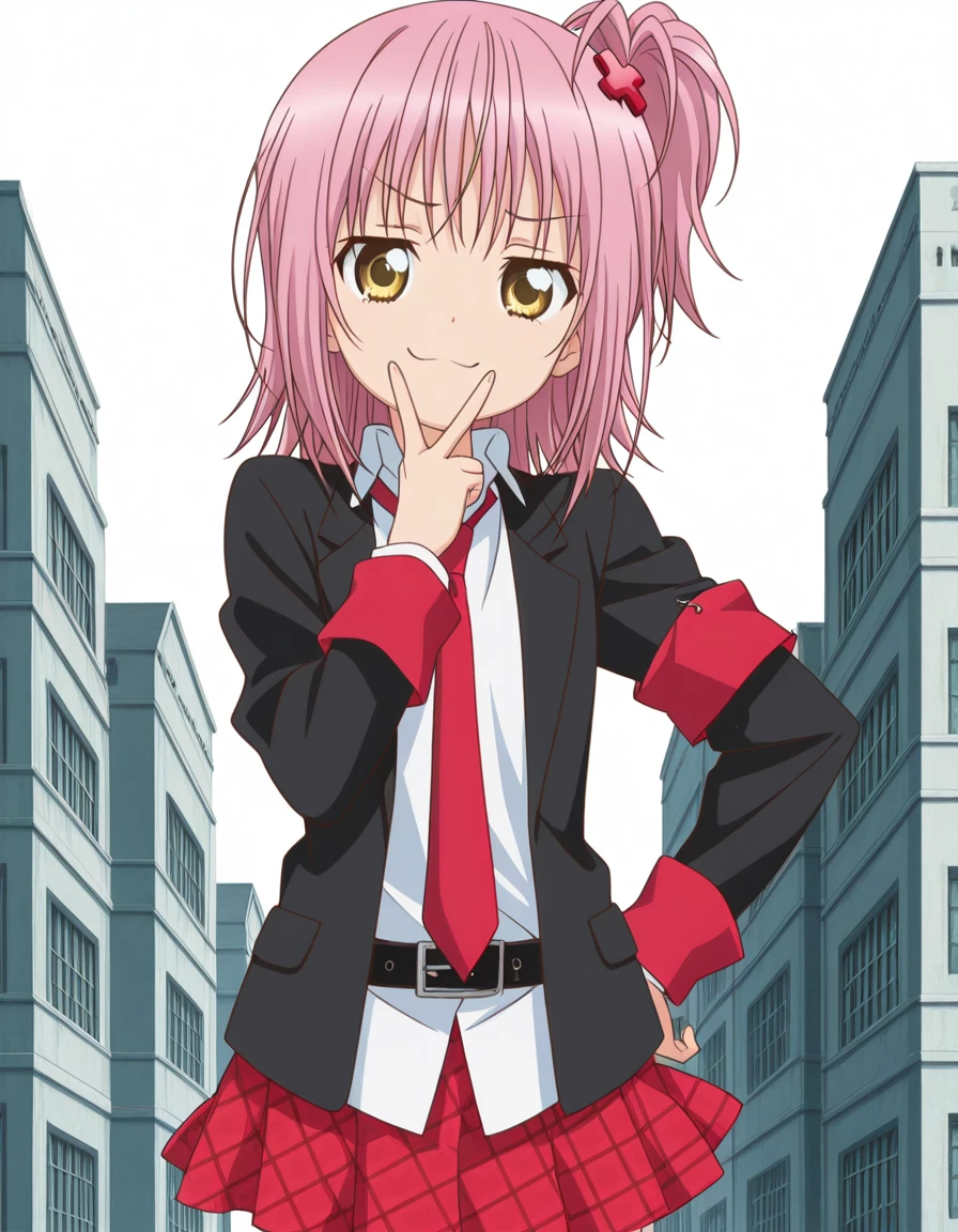 masterpiece, best quality, amazing quality,, <lora:amu-hinamori-s3-illustriousxl-lora-nochekaiser:1>, amu hinamori, short hair, hair ornament, yellow eyes, pink hair, x hair ornament, one side up, side ponytail, anime screencap, skirt, jacket, necktie, belt, plaid, plaid skirt, armband, black blazer, white collared shirt, red necktie,, v, v over mouth, smug,, military base, soldiers, secure, buildings, training, cowboy shot, solo, looking at viewer, <lora:transparent-background-illustriousxl-lora-nochekaiser:1>, transparent background, simple background, white background