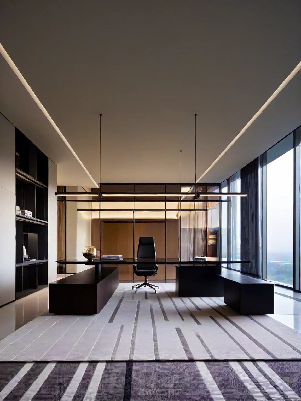 <lora:JJsOfficeCabin_XL:1> ( (Office Cabin)), ((best quality)),((masterpiece)),((realistic)), indoors, no humans, scenery, ceiling light, still life, ,glass, reflection, soft lighting, plant, window, curtain, shelf, screen, rug,, architecture photography, striking structures, clean lines, geometric shapes, dramatic angles, play of light and shadow, capturing architectural details, showcasing design elements, evoking mood, professional lighting, precise compositions, emphasizing scale and proportion, creating depth, architectural storytelling, capturing iconic landmarks, immersive experience