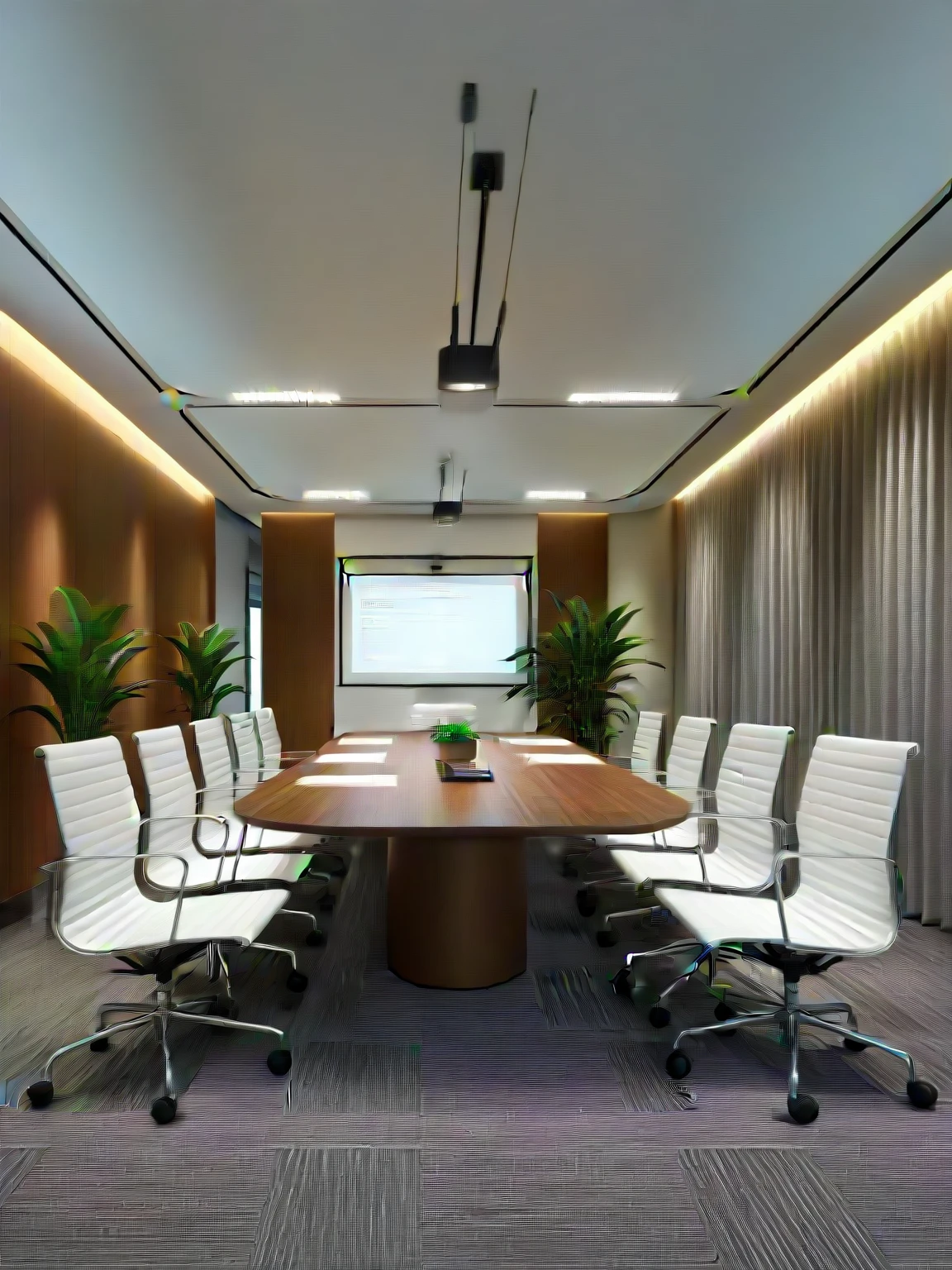 <lora:JJsConferenceRoom_XL:1> , ( (Conference Room)),ceiling light, chair, couch, indoor, indoors, light, monitor, no humans, paper, plant, scenery, soft lighting, glass,, potted plant, lamp,chair, computer, desk, table, window, glass, curtain, ceiling,, professional 3D architectural rendering, realistic visualization, intricate detailing, lifelike textures, dynamic lighting, immersive environment, photorealistic representation, captivating visuals, realistic materials, professional rendering techniques, volumetric, 4k