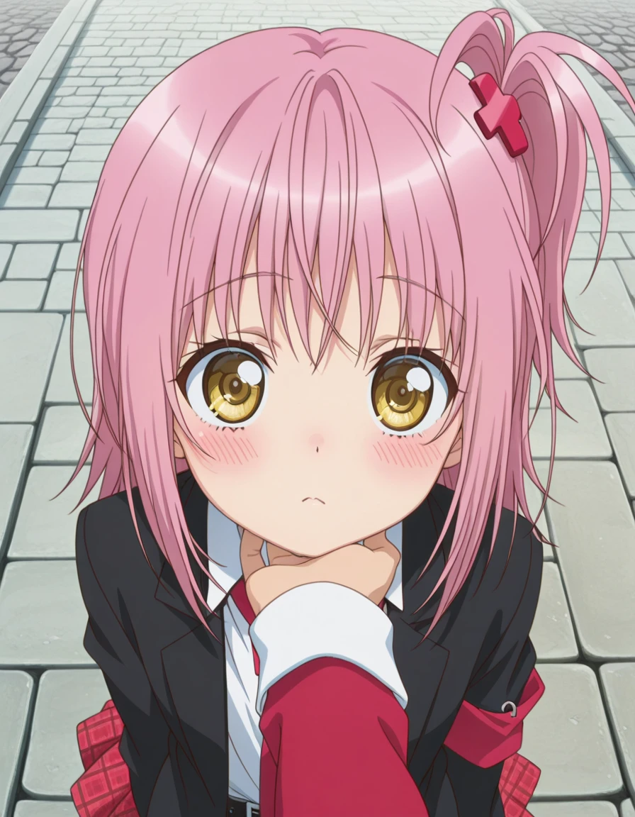 masterpiece, best quality, amazing quality,, <lora:amu-hinamori-s3-illustriousxl-lora-nochekaiser:1>, amu hinamori, short hair, hair ornament, yellow eyes, pink hair, x hair ornament, one side up, side ponytail, anime screencap, skirt, jacket, necktie, belt, plaid, plaid skirt, armband, black blazer, white collared shirt, red necktie,, <lora:stroking-anothers-chin-pov-illustriousxl-lora-nochekaiser:1>, stroking another's chin pov, stronking another's chin, pov, pov hands, blush, upper body, stone walkway, historic, path, cobblestone, footpath, cowboy shot, solo, looking at viewer,