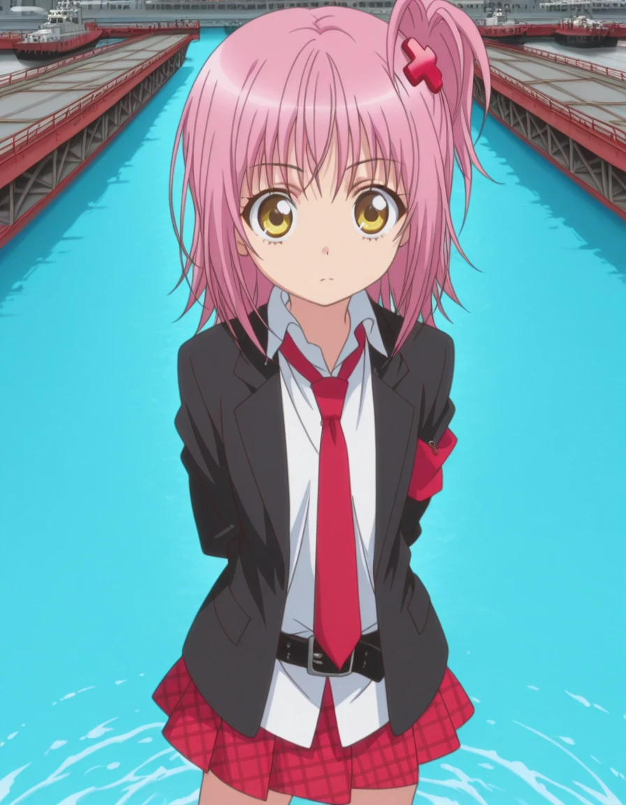 masterpiece, best quality, amazing quality,, <lora:amu-hinamori-s3-illustriousxl-lora-nochekaiser:1>, amu hinamori, short hair, hair ornament, yellow eyes, pink hair, x hair ornament, one side up, side ponytail, anime screencap, skirt, jacket, necktie, belt, plaid, plaid skirt, armband, black blazer, white collared shirt, red necktie,, <lora:kung-fu-illustriousxl-lora-nochekaiser:1>, kung fu, martial arts, training, fighting stance, cowboy shot, hands behind back, drydock, repair, ships, water, construction, cowboy shot, solo, looking at viewer,