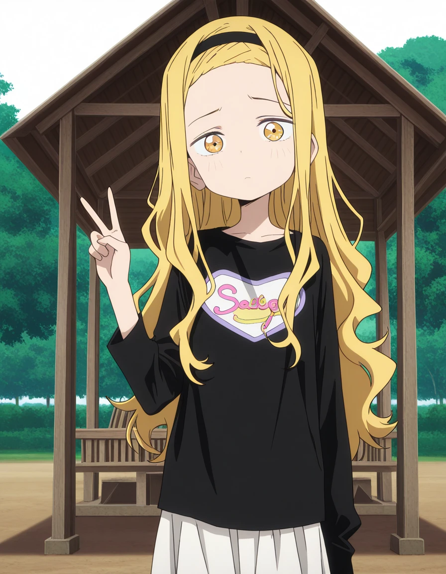 masterpiece, best quality, amazing quality,, <lora:marina-kirarazaka-alpha-illustriousxl-lora-nochekaiser:1>, marina kirarazaka, long hair, blonde hair, yellow eyes, hairband, wavy hair, black hairband, anime screencap, shirt, skirt, long sleeves, black shirt, white skirt,, v,, gazebo, park, shelter, outdoors, wooden, cowboy shot, solo, looking at viewer, <lora:transparent-background-illustriousxl-lora-nochekaiser:1>, transparent background, simple background, white background