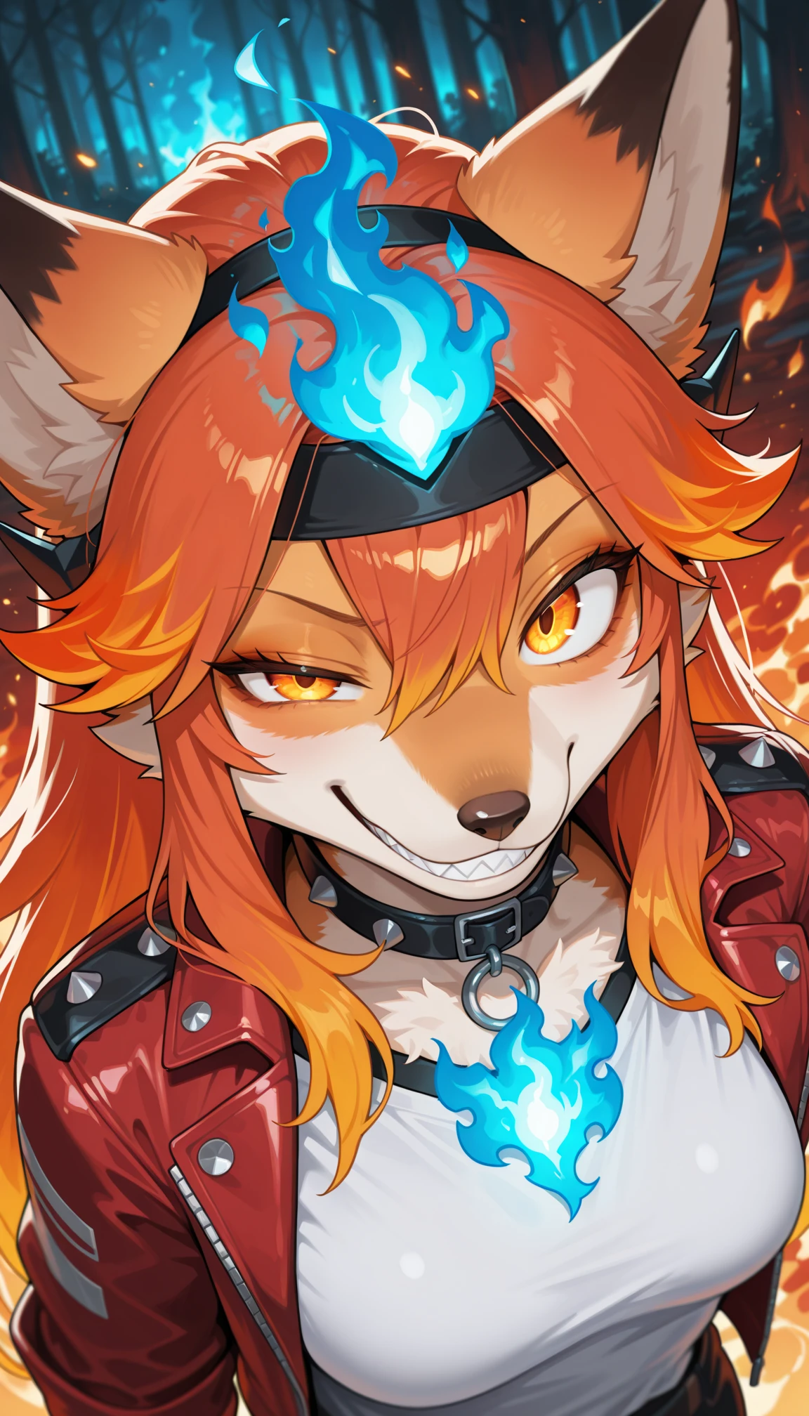 masterpiece, best quality, amazing quality, very aesthetic, 4k, high resolution, ultra-detailed, absurdres, newest, scenery, 1girl, furry, anthro, dark ambient, glow, anthro furry female orange fox, phoenix fox girl, orange fur, long hair, gradient hair, orange flame hair AND (blue flame hair:1.2), hair between eyes, glowing gradient orange yellow eyes, large eyes, uneven eyes, enface portrait, small, medium breasts, looking at viewer, intimidating, smirk, smug, grin, crazy smile, sharp teeth, black headband with fire pattern, black collar with white spikes, leather flaming hot red jacket over white shirt, cinematic lighting, fluffy, portrait, face focus, dutch angle, from above, upturned eyes, (detailed multicolor fire forest background, fiery background:1.2), (blue fire:1.2) AND red fire, BREAK, detailed eyes, photorealistic details, depth of field, detailed fluffy fur, volumetric lighting