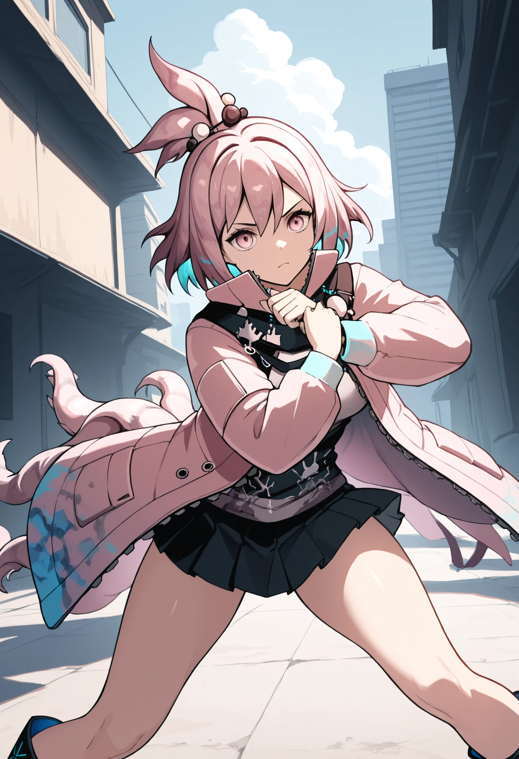 masterpiece,best quality,amazing quality, kirara \(arknights\), pink hair, pink eyes,short hair, hair bobbles,pink jacket, open jacket,long jacket, long sleeves,mini skirt, pleated skirt, contrapposto, outdoors, dynamic pose, combat pose, boots, serious,
<lora:Kirara (Illustrious) v1:1>