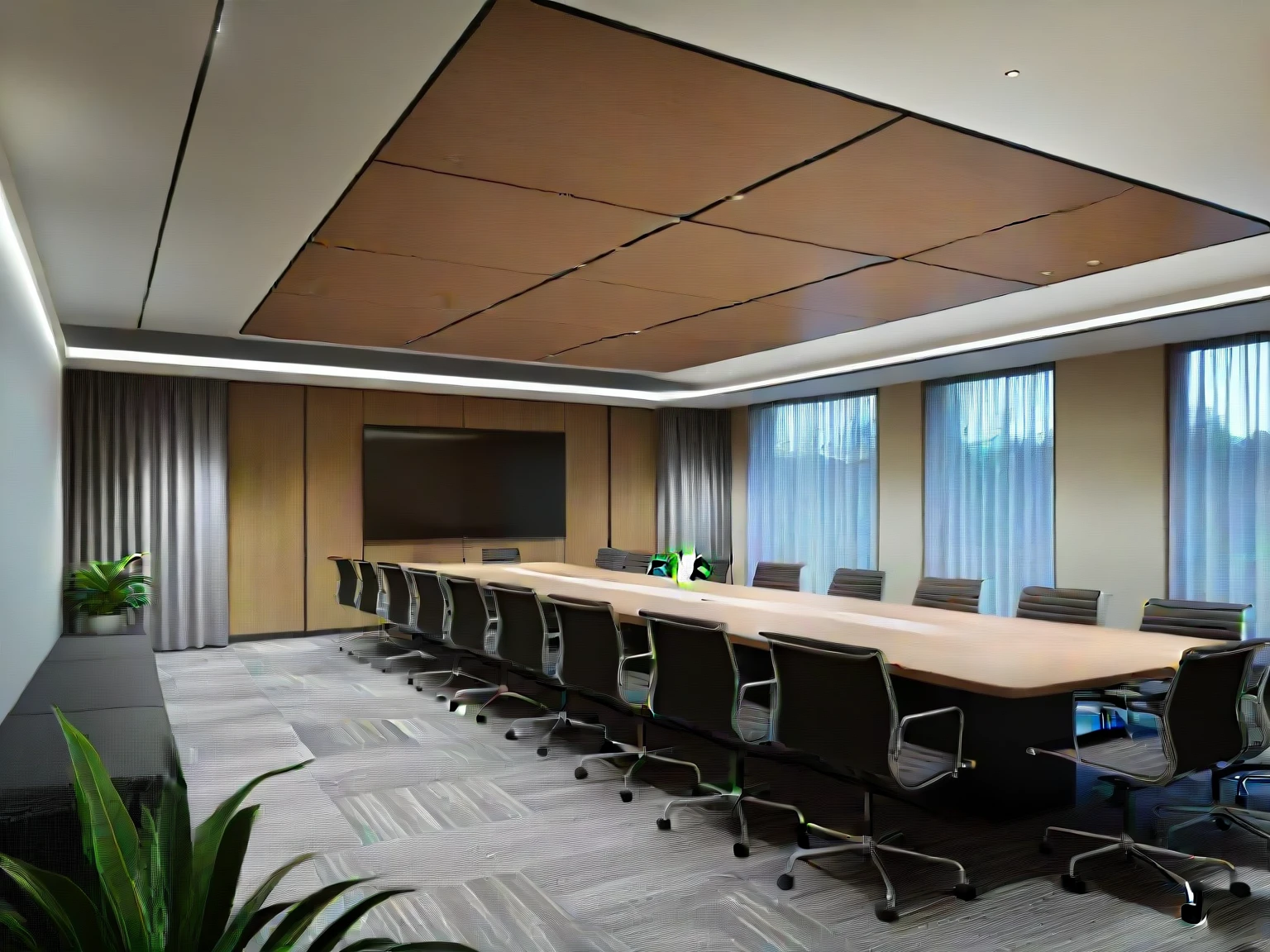 <lora:JJsConferenceRoom_XL:1> , ( (Conference Room)),ceiling light, chair, couch, indoor, indoors, light, monitor, no humans, paper, plant, scenery, soft lighting, glass,, potted plant, lamp,chair, computer, desk, table, window, glass, curtain, ceiling,, professional 3D architectural rendering, realistic visualization, intricate detailing, lifelike textures, dynamic lighting, immersive environment, photorealistic representation, captivating visuals, realistic materials, professional rendering techniques, volumetric, 4k