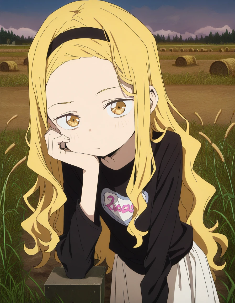 masterpiece, best quality, amazing quality,, <lora:marina-kirarazaka-alpha-illustriousxl-lora-nochekaiser:1>, marina kirarazaka, long hair, blonde hair, yellow eyes, hairband, wavy hair, black hairband, anime screencap, shirt, skirt, long sleeves, black shirt, white skirt,, head rest, field, grass, open_space, farming, crops, cowboy shot, solo, looking at viewer,