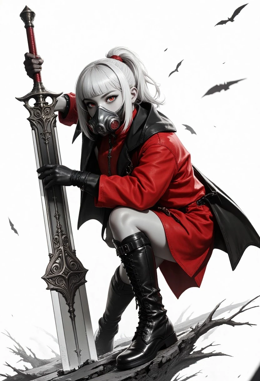 Ultra-detailed monochrome illustration of a lone girl in a dynamic, action-ready pose. Blonde hair in a high ponytail with straight bangs, red eyes, pale skin, and a respirator covering her face. She wears a revealing red priest outfit with leather gloves and high leather boots, holding a giant fantasy sword vertically in front of her. Shot from a slightly low angle for a heroic perspective. Gothic church atmosphere with a stark white background, strong depth of field, and a Dutch angle. Pathos-driven expression with a cinematic, dramatic flair. Artwork by moriimee, extremely refined and realistic, 8K absurd resolution, intense focus on eyes and facial detail.