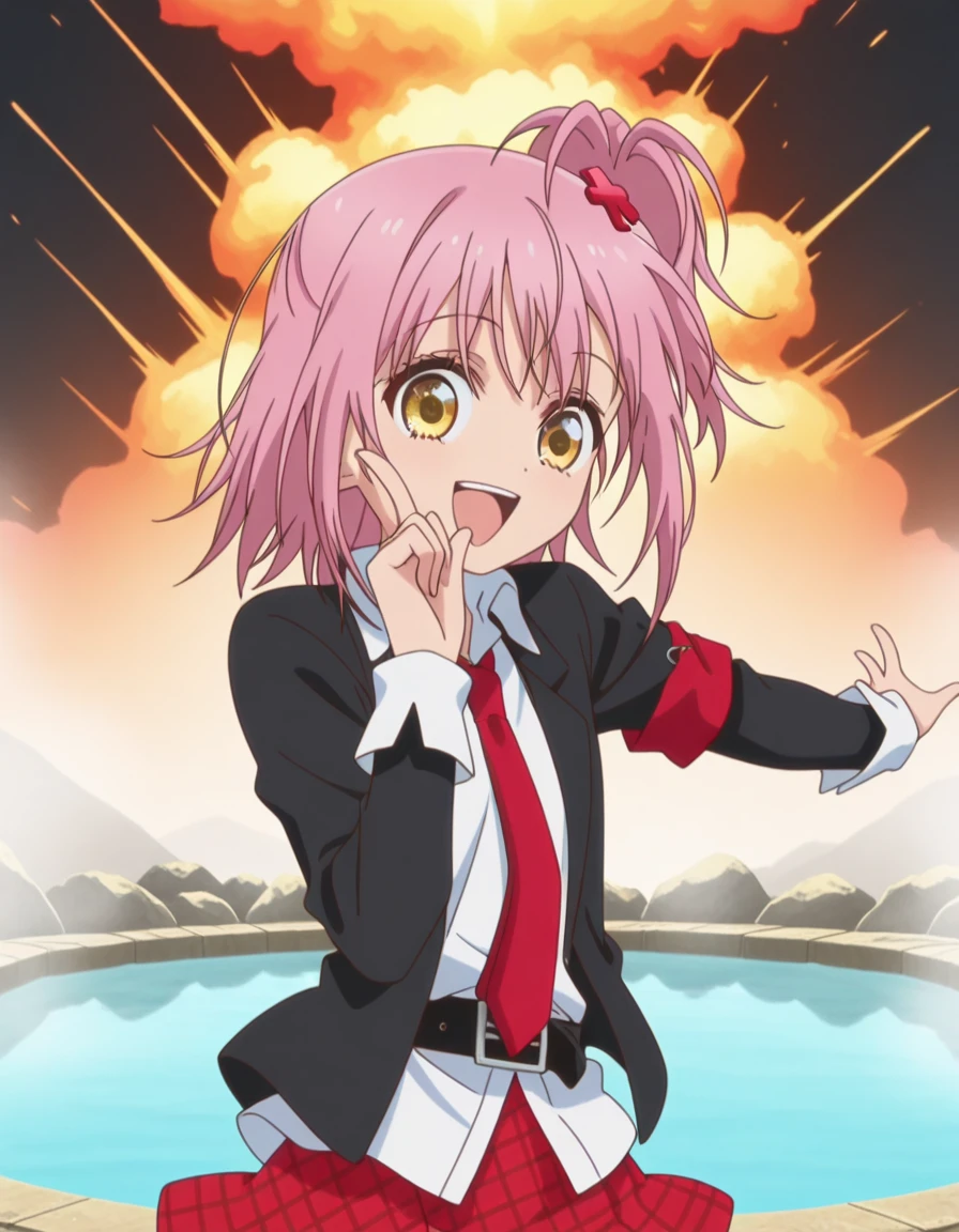 masterpiece, best quality, amazing quality,, <lora:amu-hinamori-s3-illustriousxl-lora-nochekaiser:1>, amu hinamori, short hair, hair ornament, yellow eyes, pink hair, x hair ornament, one side up, side ponytail, anime screencap, skirt, jacket, necktie, belt, plaid, plaid skirt, armband, black blazer, white collared shirt, red necktie,, <lora:hoshino-ruby-dance-illustriousxl-lora-nochekaiser:1>, hoshino ruby dance, finger wagging, index finger raised, dancing, outstretched arm, cowboy shot, smile, open mouth,, geyser, steam, water, hot_spring, eruption, cowboy shot, solo, looking at viewer,