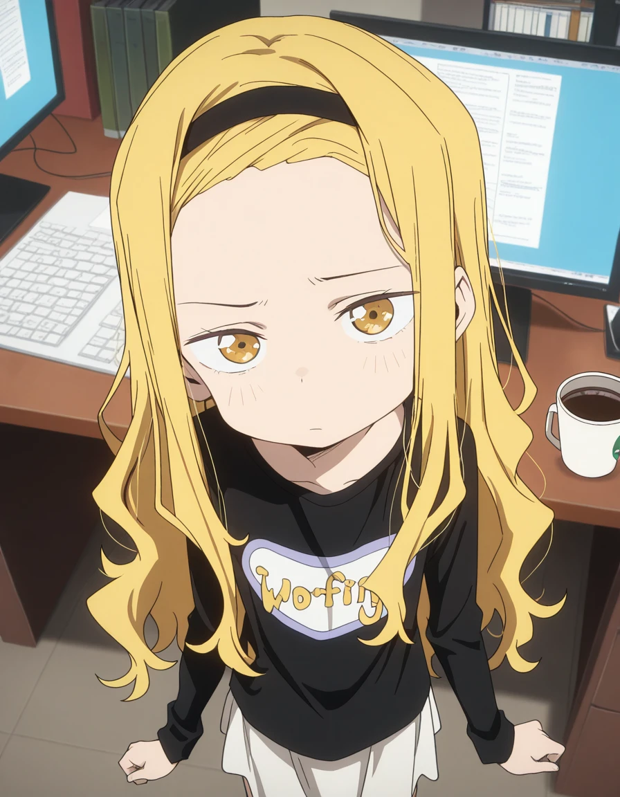 masterpiece, best quality, amazing quality,, <lora:marina-kirarazaka-alpha-illustriousxl-lora-nochekaiser:1>, marina kirarazaka, long hair, blonde hair, yellow eyes, hairband, wavy hair, black hairband, anime screencap, shirt, skirt, long sleeves, black shirt, white skirt,, from above,, home office, working from home, computer screen, coffee cup, focus, deadline, cowboy shot, solo, looking at viewer,