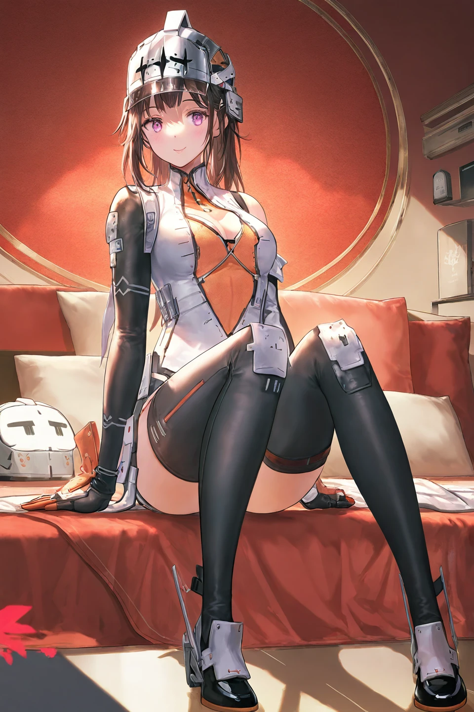 masterpiece,solo,1girl, twintail,highleg_leotard,blonde hair,white legwear,large breasts, mechanical arms,