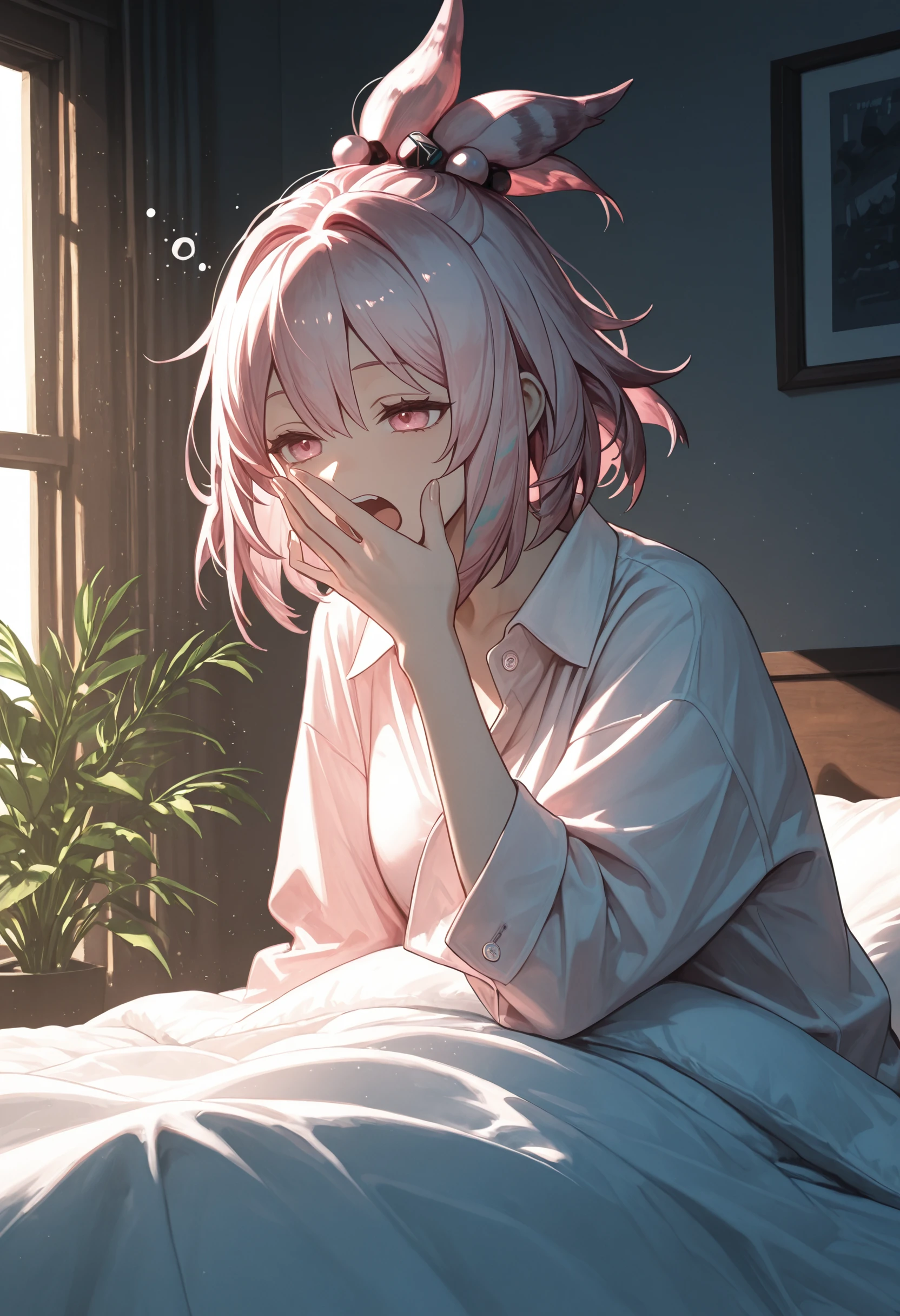 masterpiece,best quality,amazing quality, kirara \(arknights\), pink hair, pink eyes,short hair, hair bobbles,alternate costume, waking up, under covers, black pajama, buttoned pajama, volumetric lighting, window, sunlight, under covers, bedroom, pillow, yawning, (covering mouth:1.1), plant, hand to own mouth, open mouth, hand on covers
<lora:Kirara (Illustrious) v1:0.7>