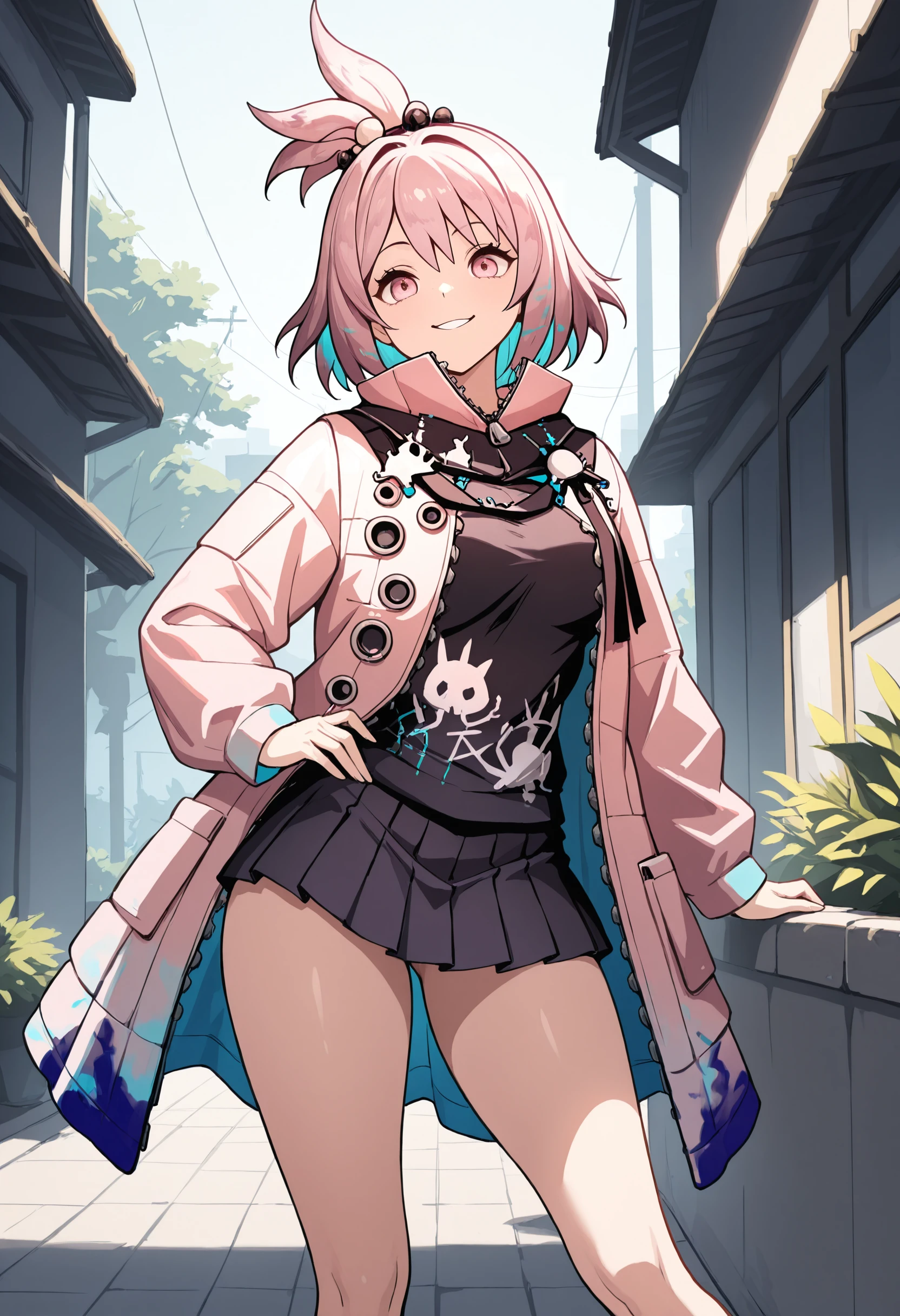 masterpiece,best quality,amazing quality, kirara \(arknights\), pink hair, pink eyes,short hair, hair bobbles,pink jacket, open jacket,long jacket, long sleeves,mini skirt, pleated skirt, contrapposto, outdoors, smile,
<lora:Kirara (Illustrious) v1:1>
