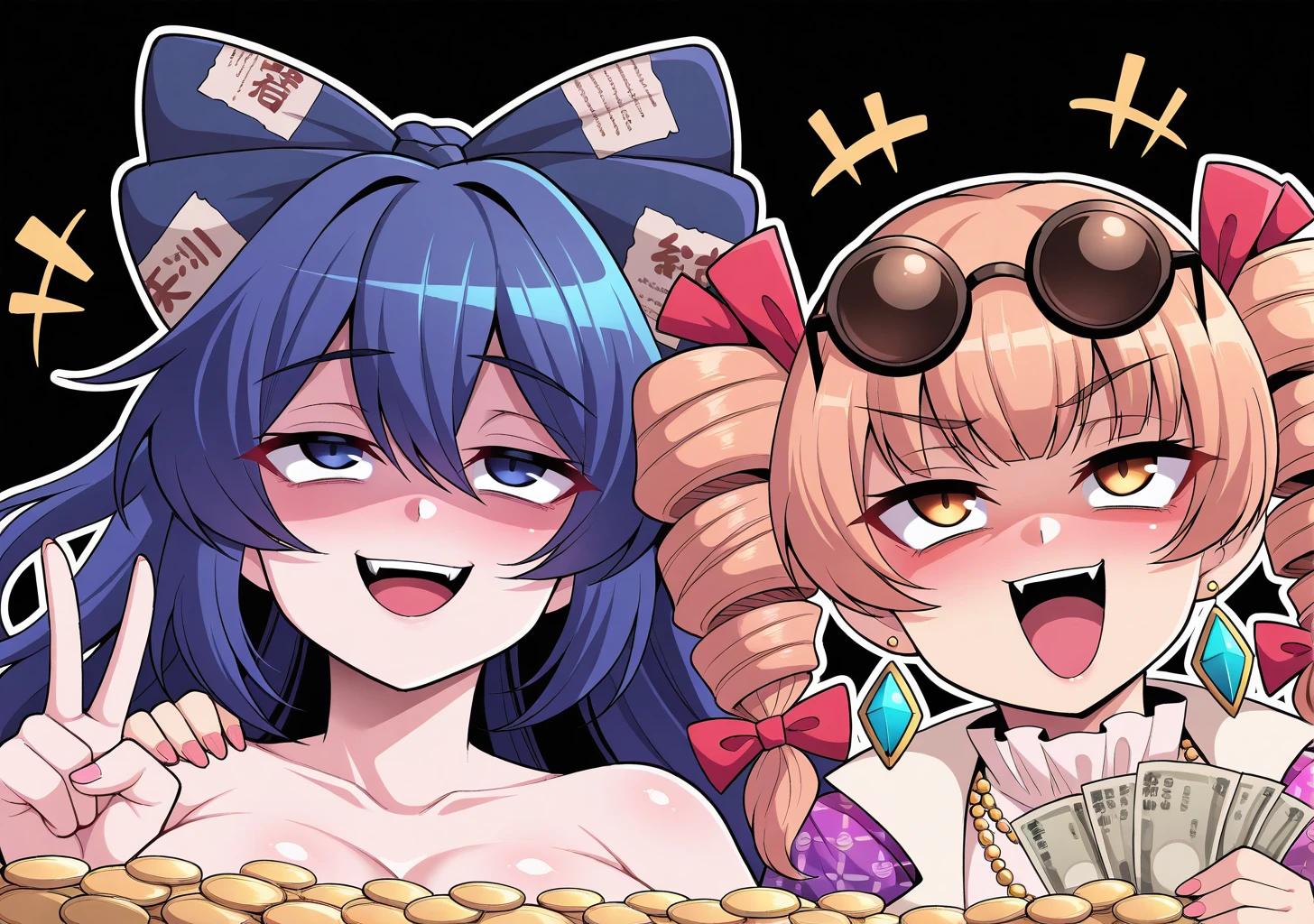 masterpiece, best quality, absurdres, perfect lighting,shiny skin,<lora:nishida_megane_illu2:0.8>,nishida megane,2girls,side_by_side,yorigami shion,yorigami jo'on,sparkle print dress,gold coin, gold, jewelry, gem, hand on another's shoulder, v, smile,laughing,open mouth, eyewear on head, sunglasses, bathing,<lora:money_bath-10:1>,looking up, laughing, open mouth,happy, black background, glowing,+++,evil smile,holding money, money,