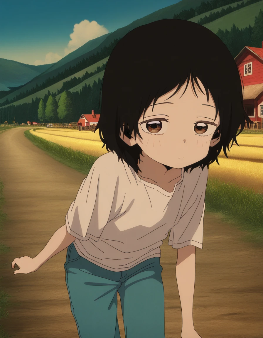 masterpiece, best quality, amazing quality,, <lora:shizuka-kuze-alpha-illustriousxl-lora-nochekaiser:1>, shizuka kuze, short hair, black hair, brown eyes, anime screencap, shirt, white shirt, pants, blue pants, leaning forward,, bike ride, countryside, dirt road, trees, afternoon sun, peaceful, alone, cowboy shot, solo, looking at viewer,