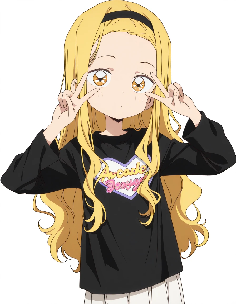 masterpiece, best quality, amazing quality,, <lora:marina-kirarazaka-alpha-illustriousxl-lora-nochekaiser:1>, marina kirarazaka, long hair, blonde hair, yellow eyes, hairband, wavy hair, black hairband, anime screencap, shirt, skirt, long sleeves, black shirt, white skirt,, v, v over eyes,, arcade, games, lights, fun, retro, cowboy shot, solo, looking at viewer, <lora:transparent-background-illustriousxl-lora-nochekaiser:1>, transparent background, simple background, white background