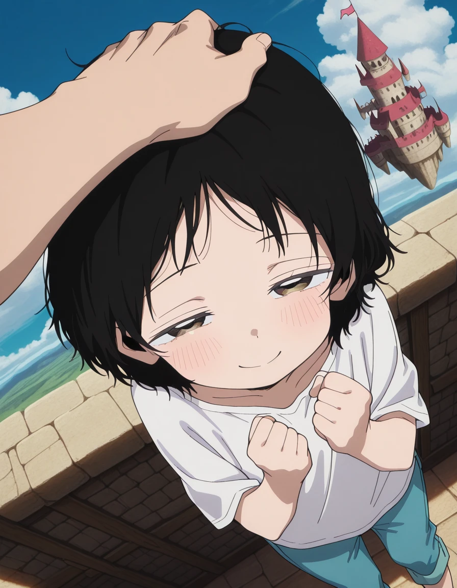 masterpiece, best quality, amazing quality,, <lora:shizuka-kuze-alpha-illustriousxl-lora-nochekaiser:1>, shizuka kuze, short hair, black hair, brown eyes, anime screencap, shirt, white shirt, pants, blue pants, <lora:headpat-pov-illustriousxl-lora-nochekaiser:1>, headpat pov, blush, from above, looking up, pov, pov hands, headpat, half-closed eyes, looking at viewer, hands up, clenched hands, smile,, floating castle, sky, magical, clouds, fantasy, cowboy shot, solo, looking at viewer,